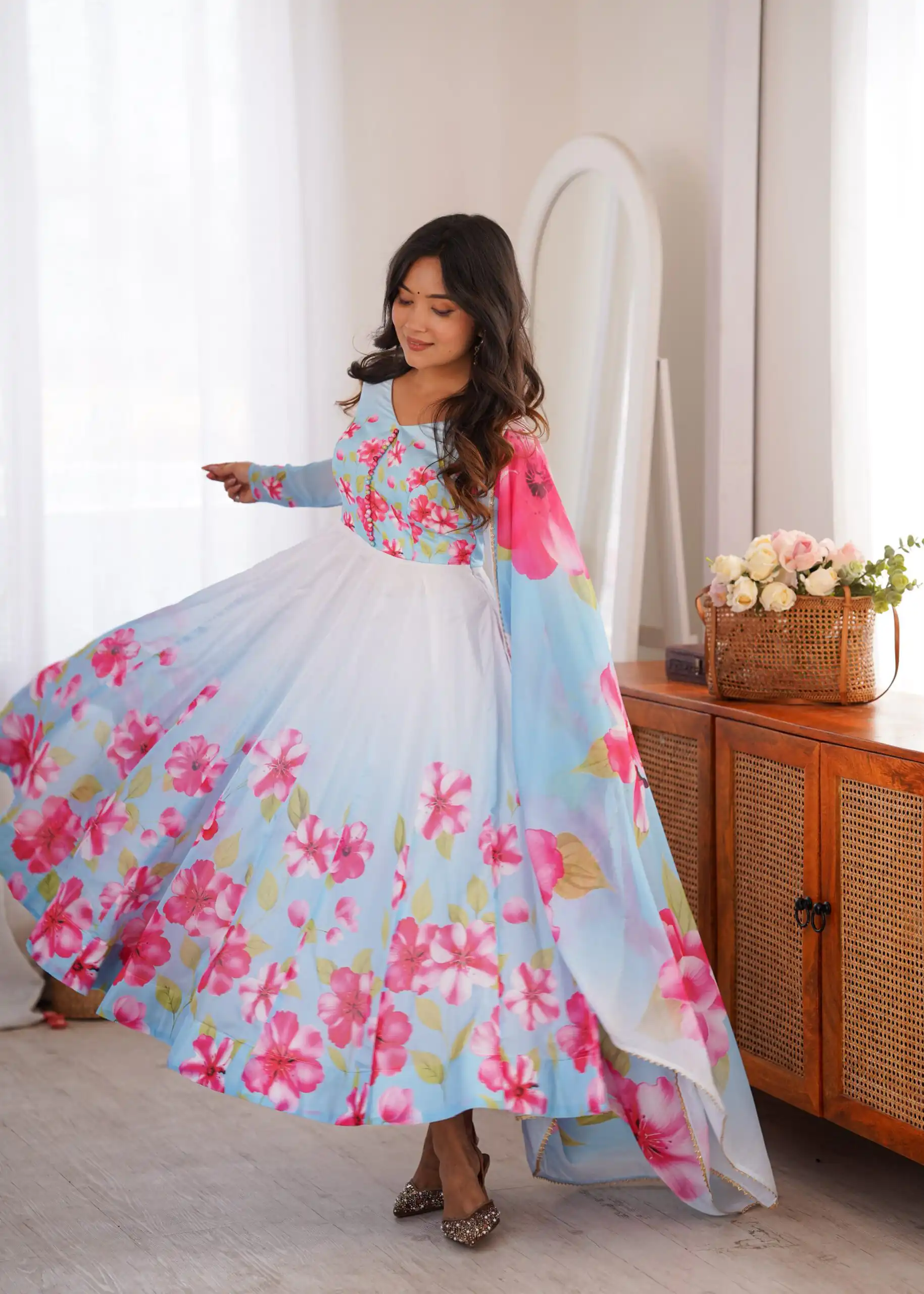 Fancy Sky Blue Organza Silk Gotta Patti Work Anarkali Suit - Image 6