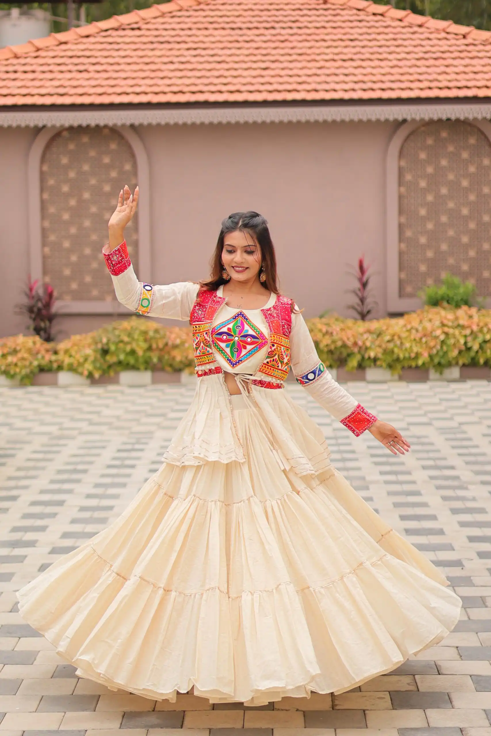 Fancy White Pure Cotton Mirror Gamthi Work Lehenga Choli