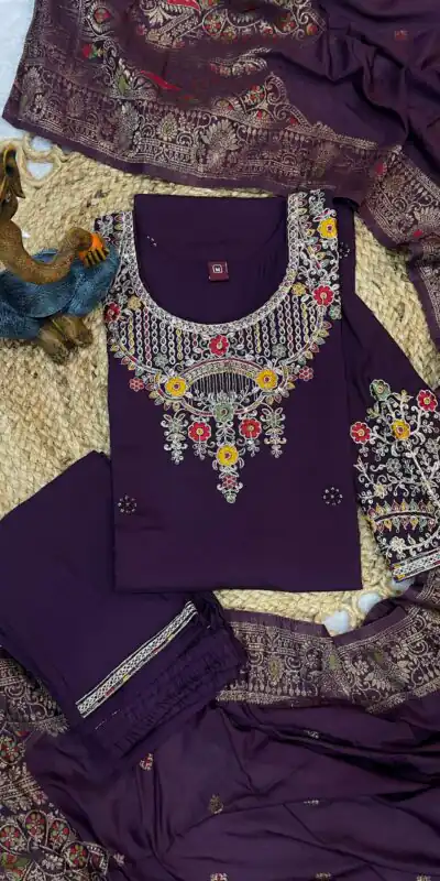 Alternative view of Fancy Wine Roman Silk Embroidery Work Salwar Suit