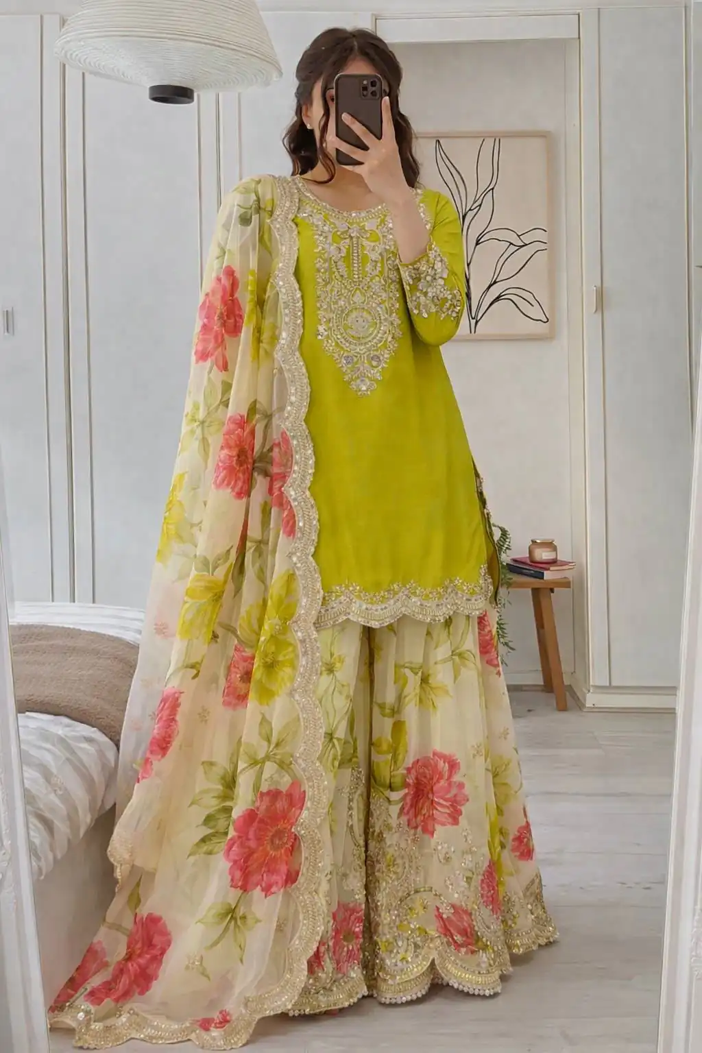 Glowing Green Chinon Silk Embroider Work Salwar Suit - Image 2