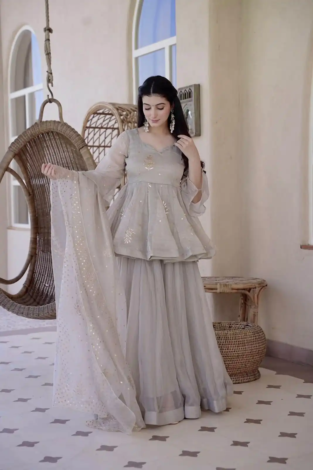 Glowing Grey Tabby Silk Foil Work Salwar Suit
