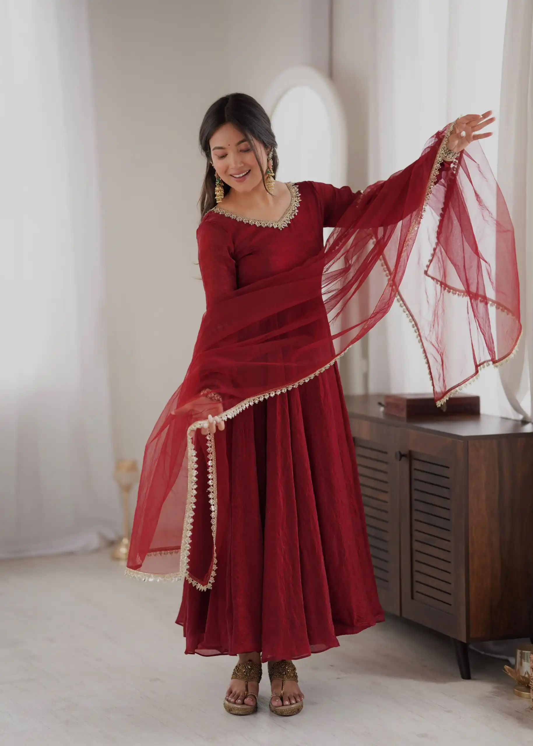 Glowing Maroon Doremon Crush Mirror Work Gown - Image 8