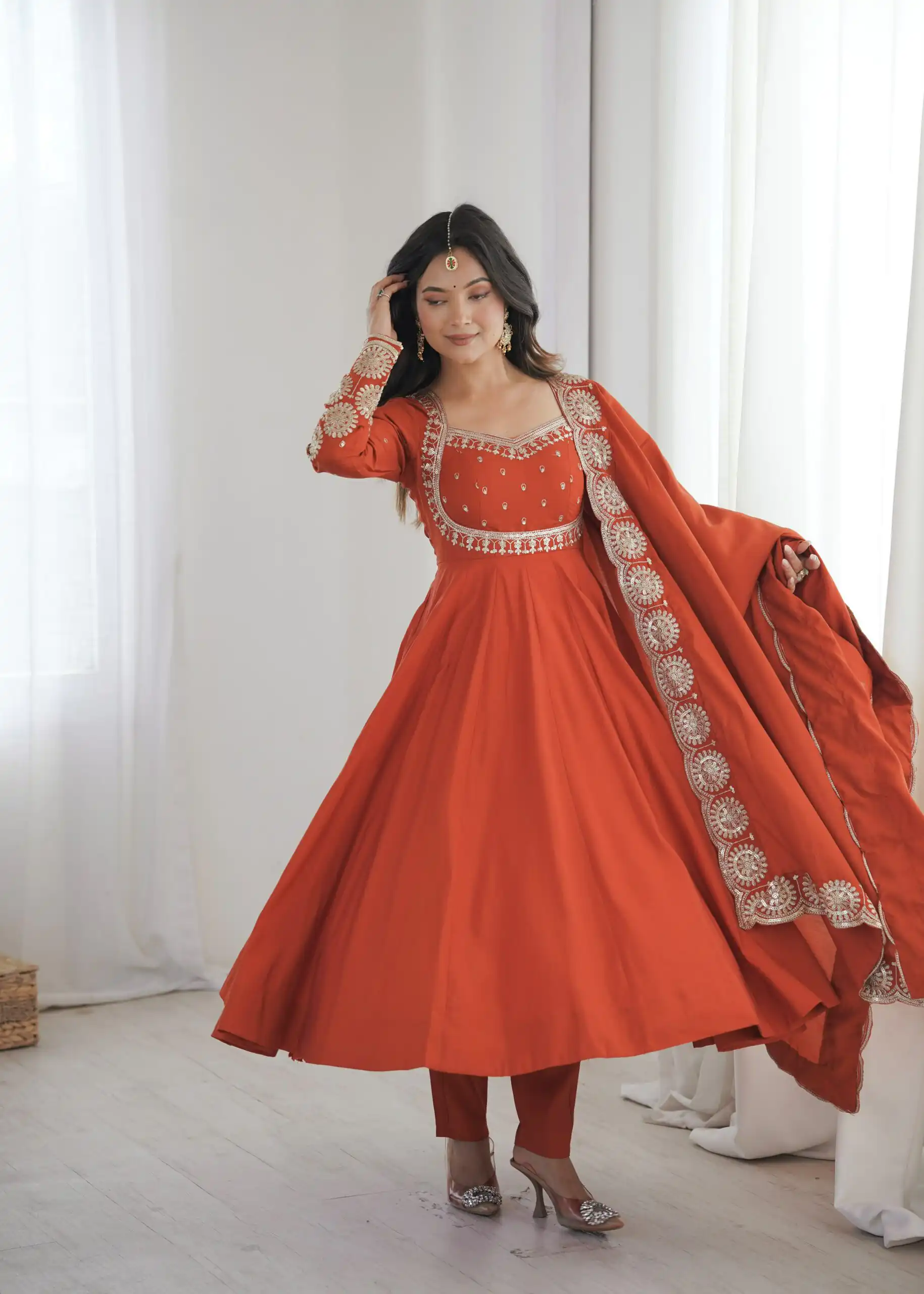 Glowing Orange Roman Silk Embroidery Work Anarkali Suit - Image 10