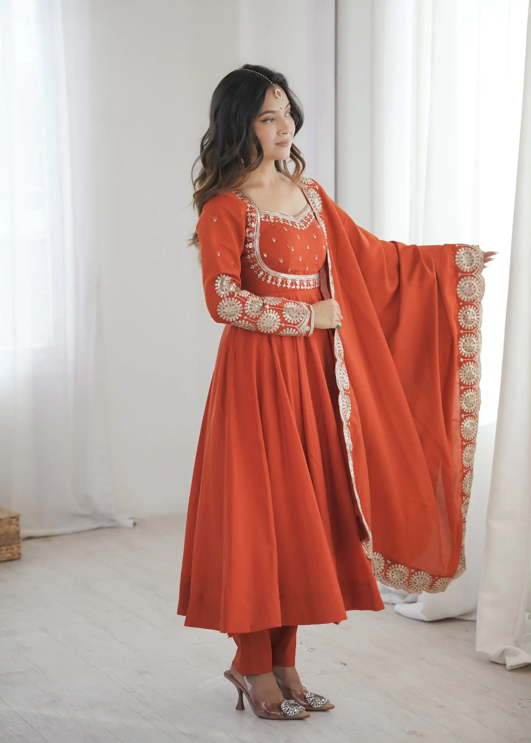 Glowing Orange Roman Silk Embroidery Work Anarkali Suit - Image 8