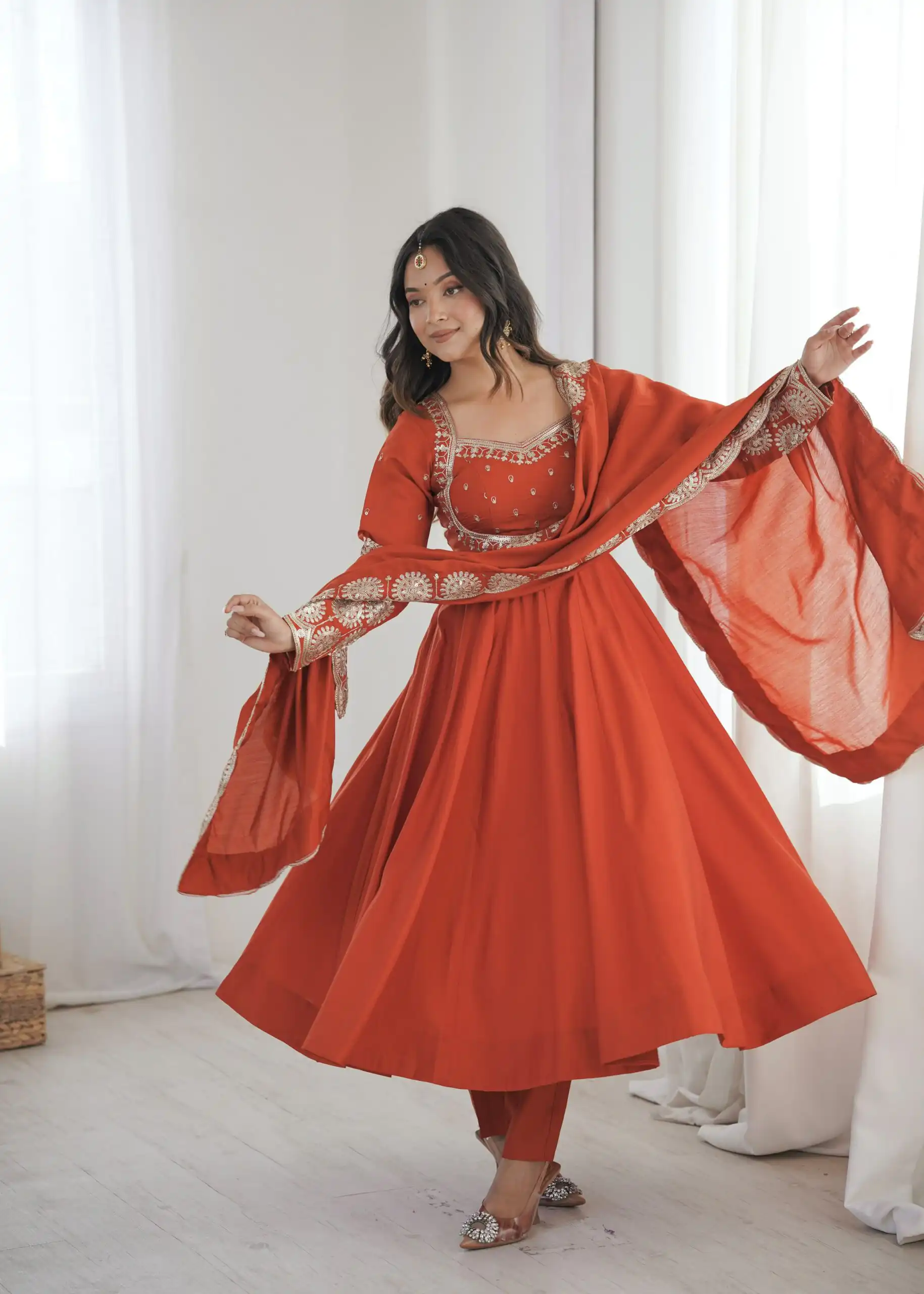 Glowing Orange Roman Silk Embroidery Work Anarkali Suit - Image 4
