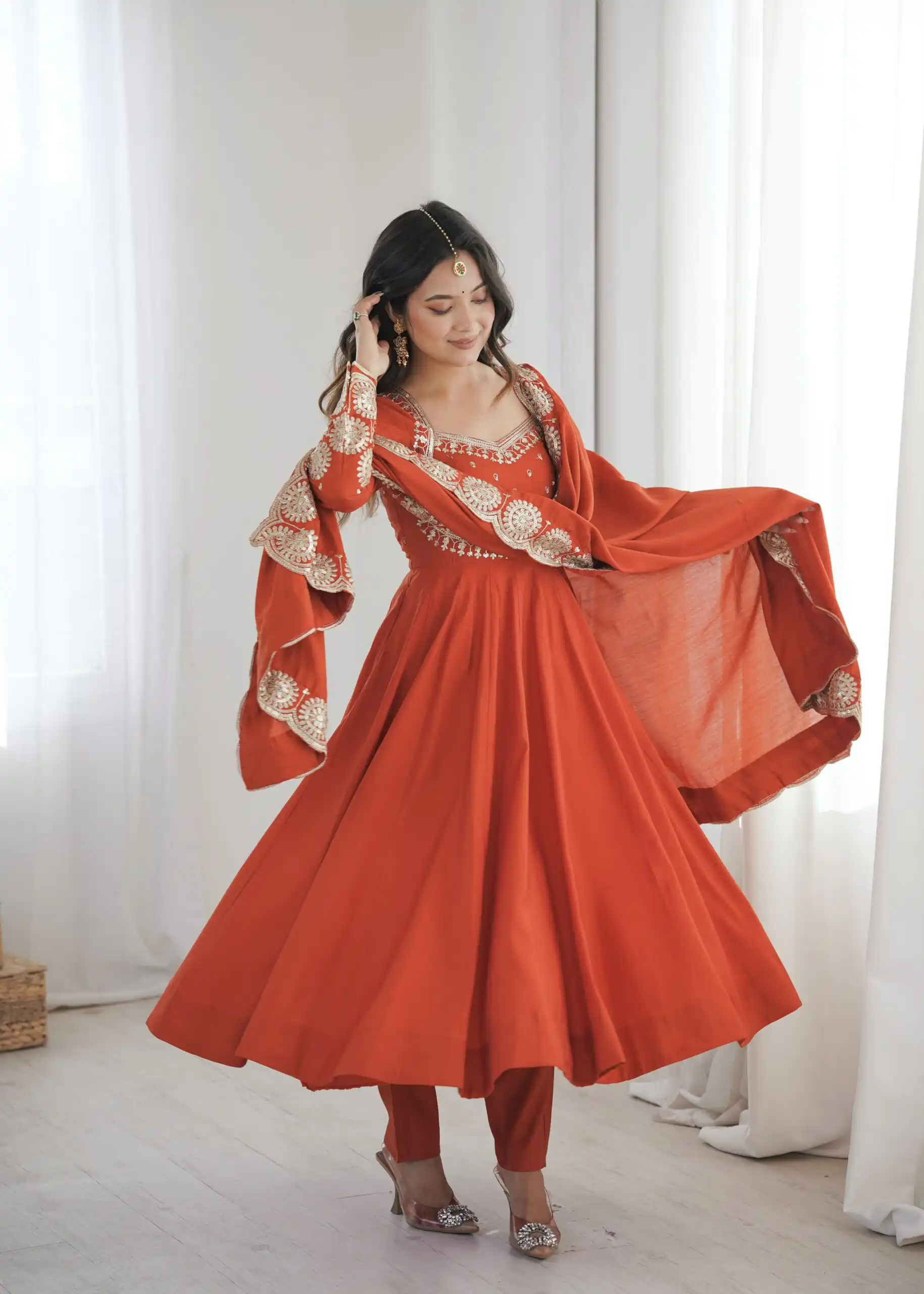 Glowing Orange Roman Silk Embroidery Work Anarkali Suit - Image 3