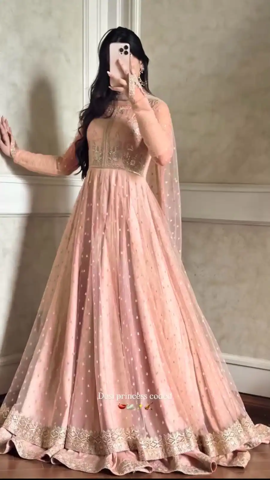 Glowing Peach Faux Georgette Sequins Work Gown - Image 5