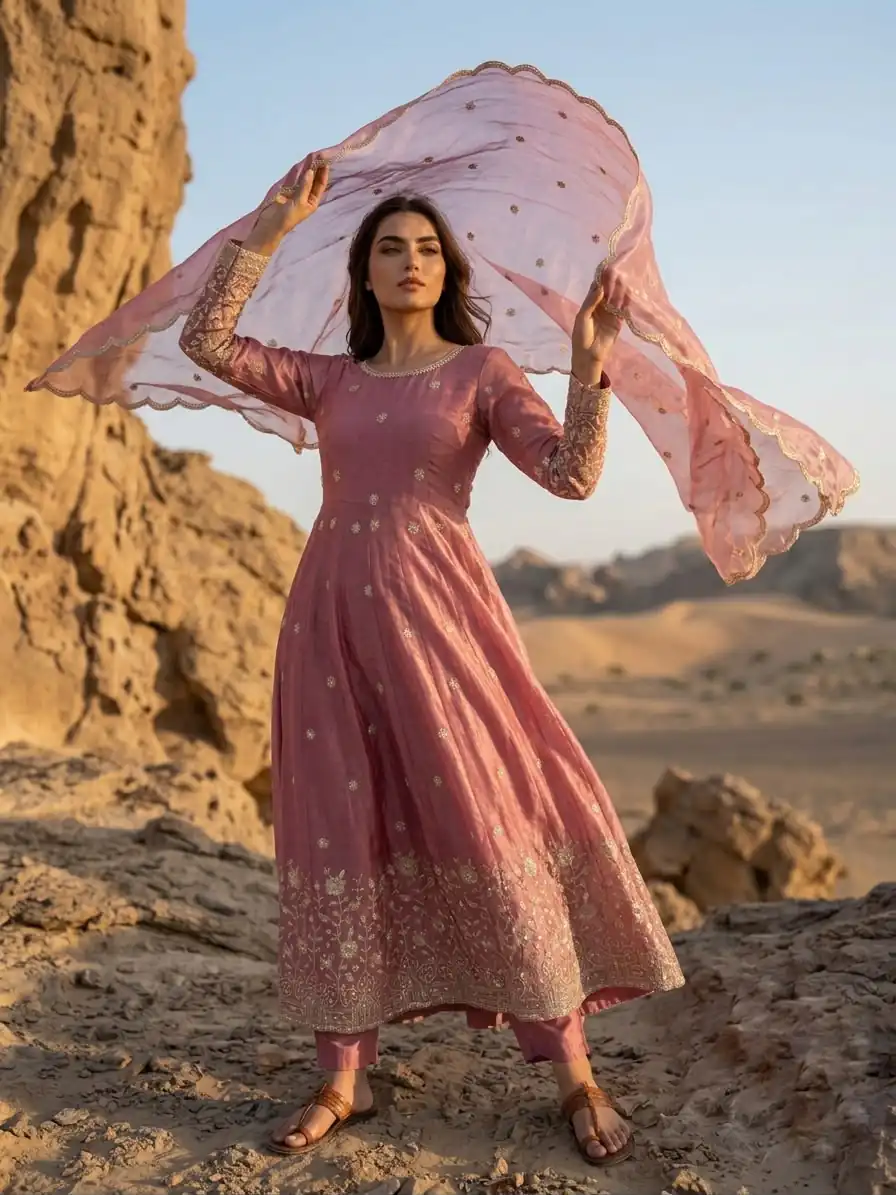 Glowing Peach Fendy Silk Sequins Thread Work Gown - Image 6