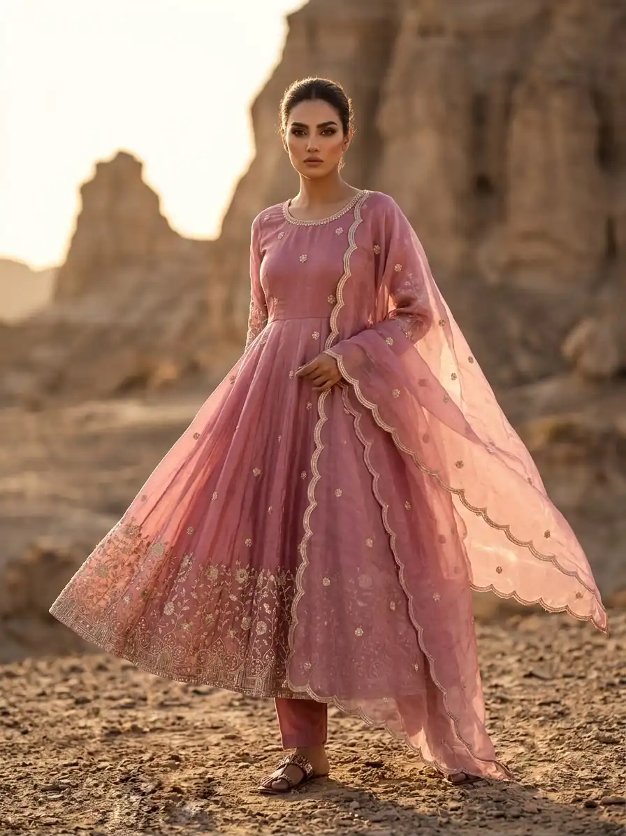 Glowing Peach Fendy Silk Sequins Thread Work Gown - Image 5