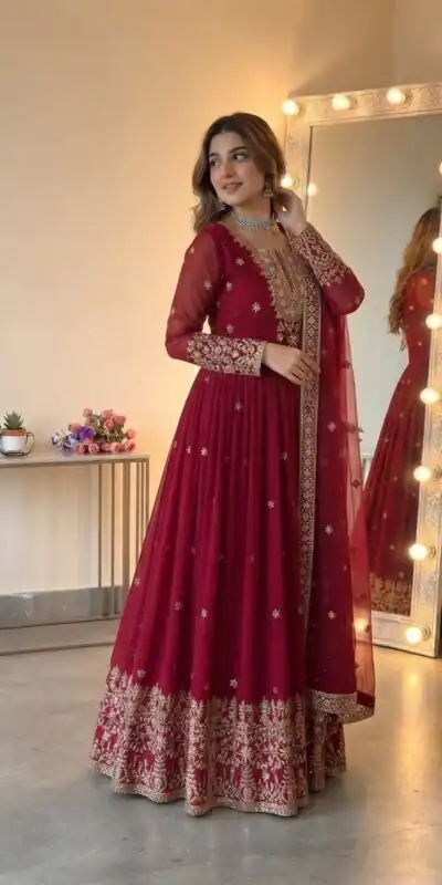 Alternative view of Glowing Red Georgette Embroidery Sequins Work Gown