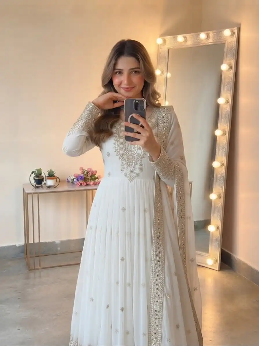 Glowing White Georgette Embroidery Sequins Work Gown - Image 6