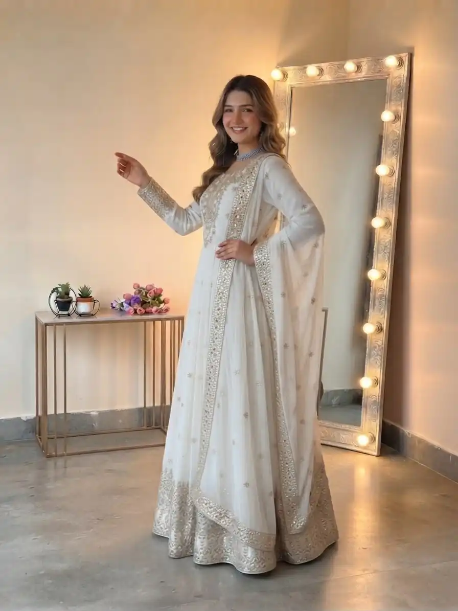 Glowing White Georgette Embroidery Sequins Work Gown - Image 2