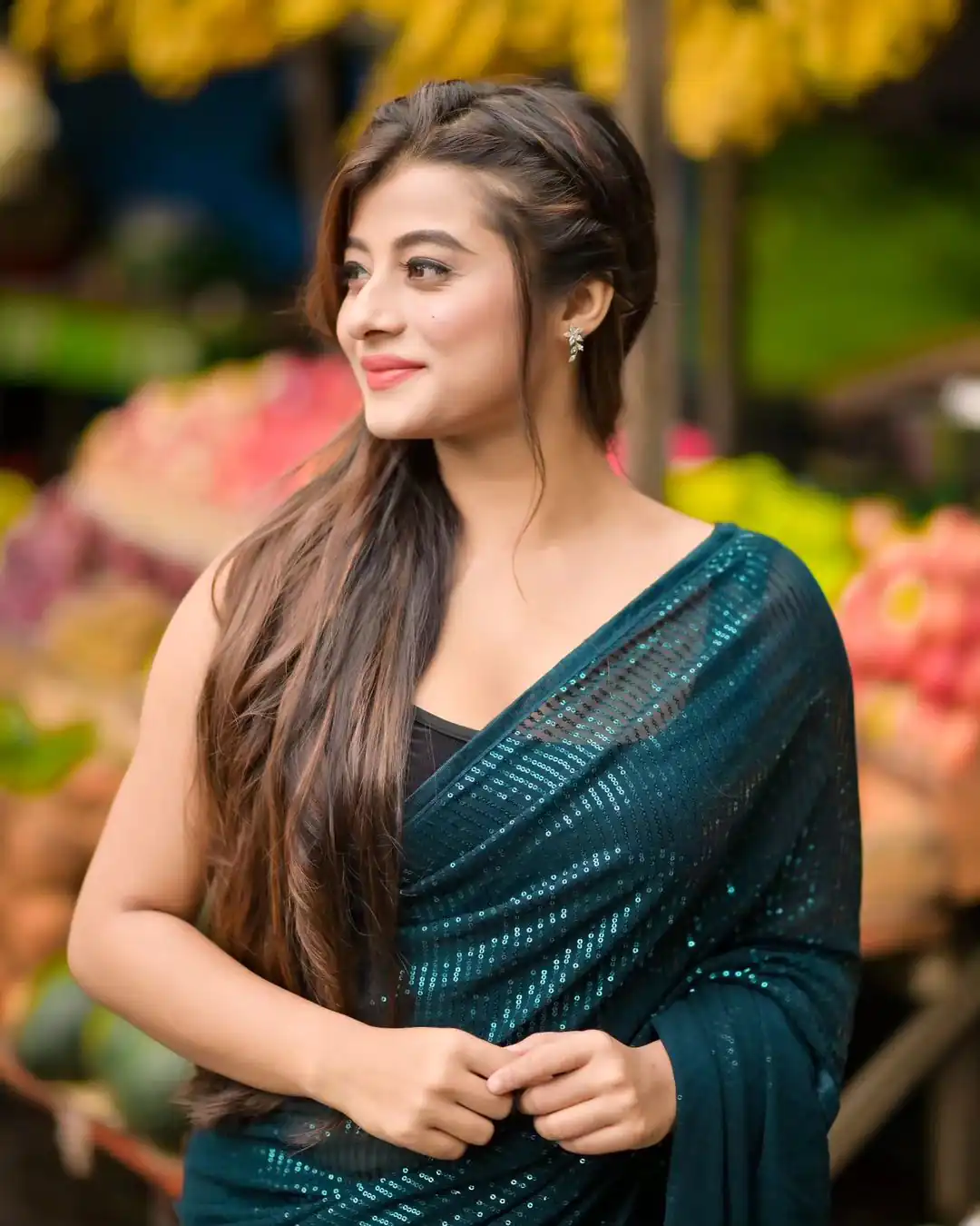 Gorgeous Teal Georgette Sequins Work Saree - Image 2