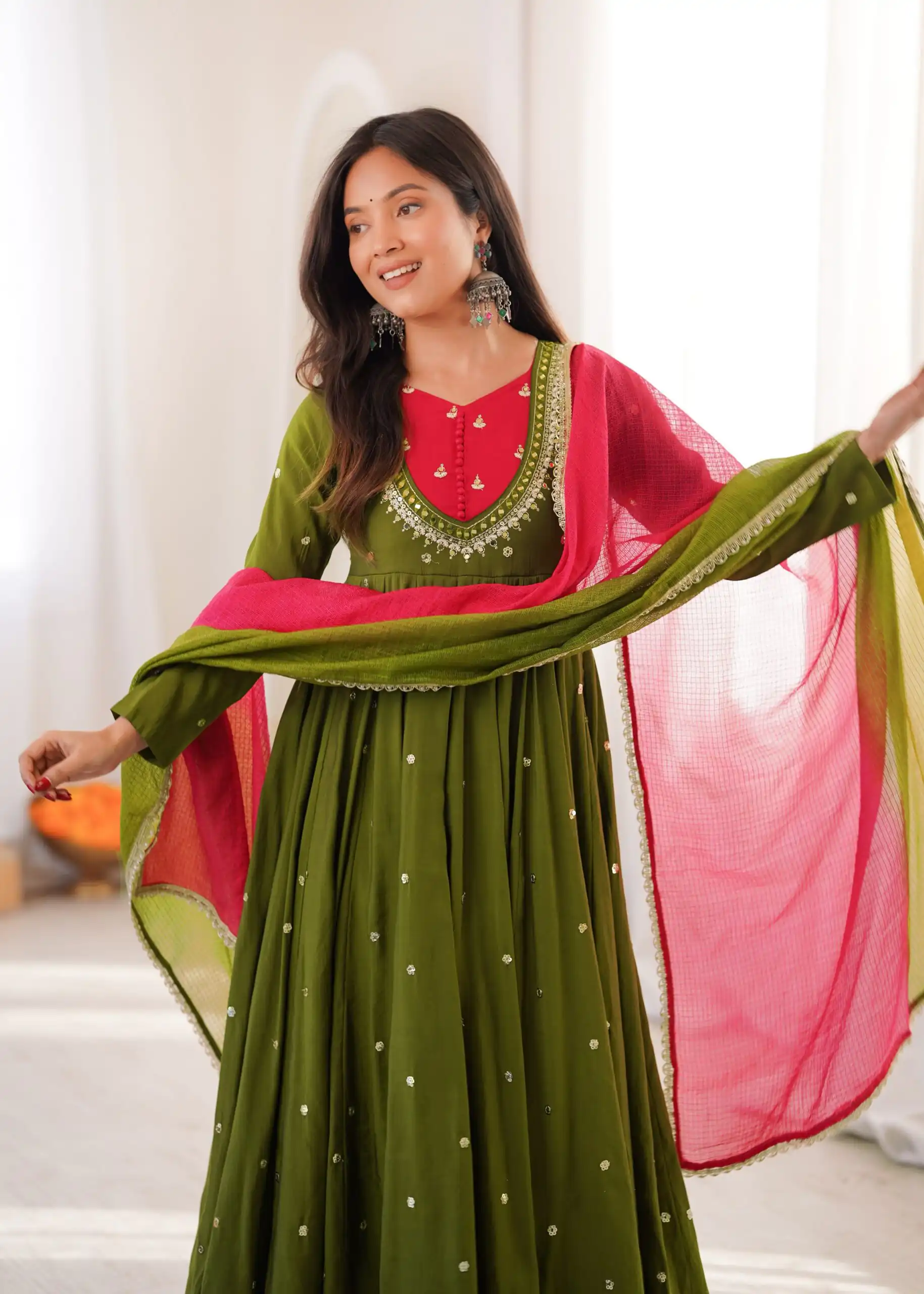 Lovely Mehandi Roman Silk Mirror Embroidery Work Gown - Image 12