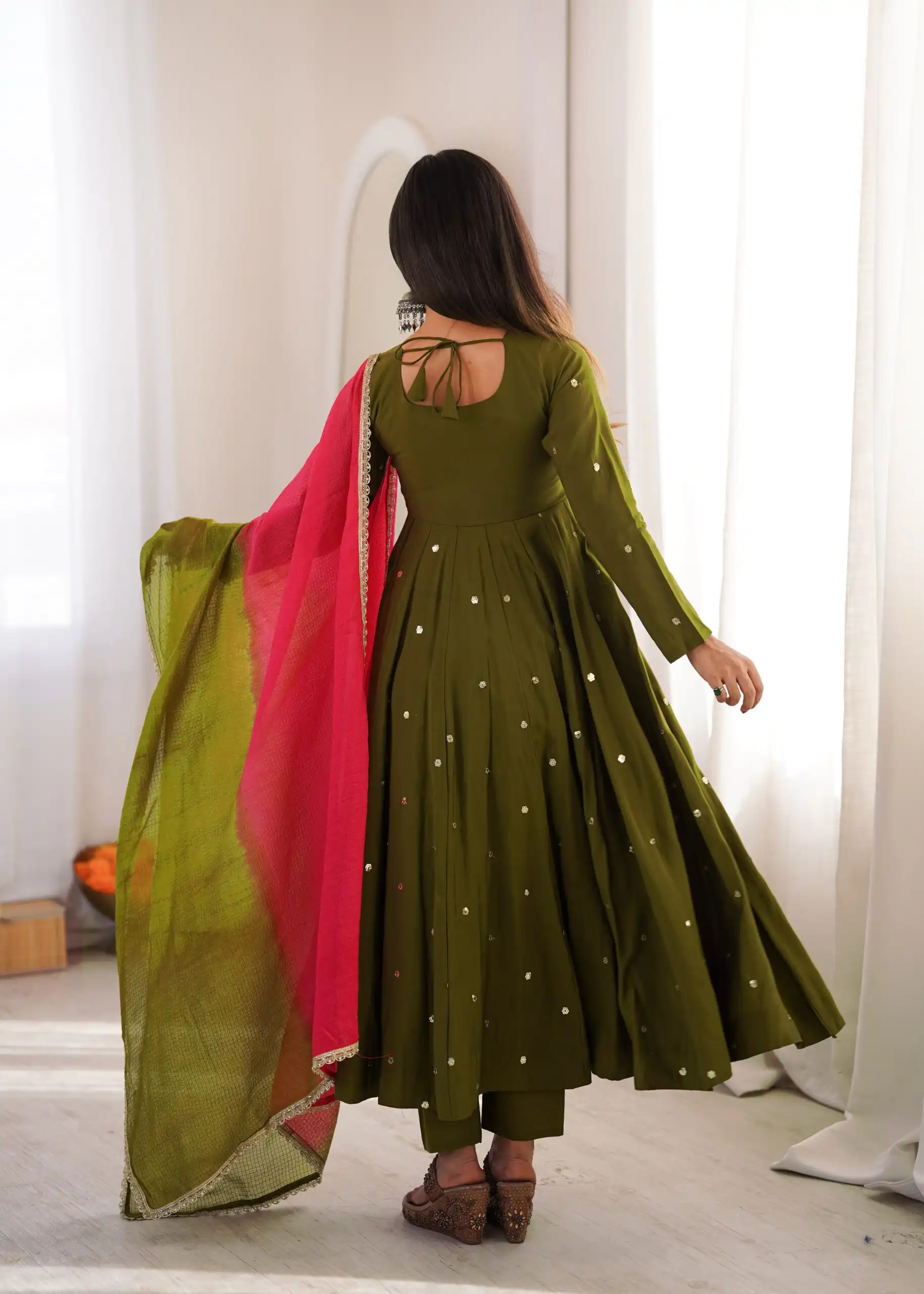 Lovely Mehandi Roman Silk Mirror Embroidery Work Gown - Image 8