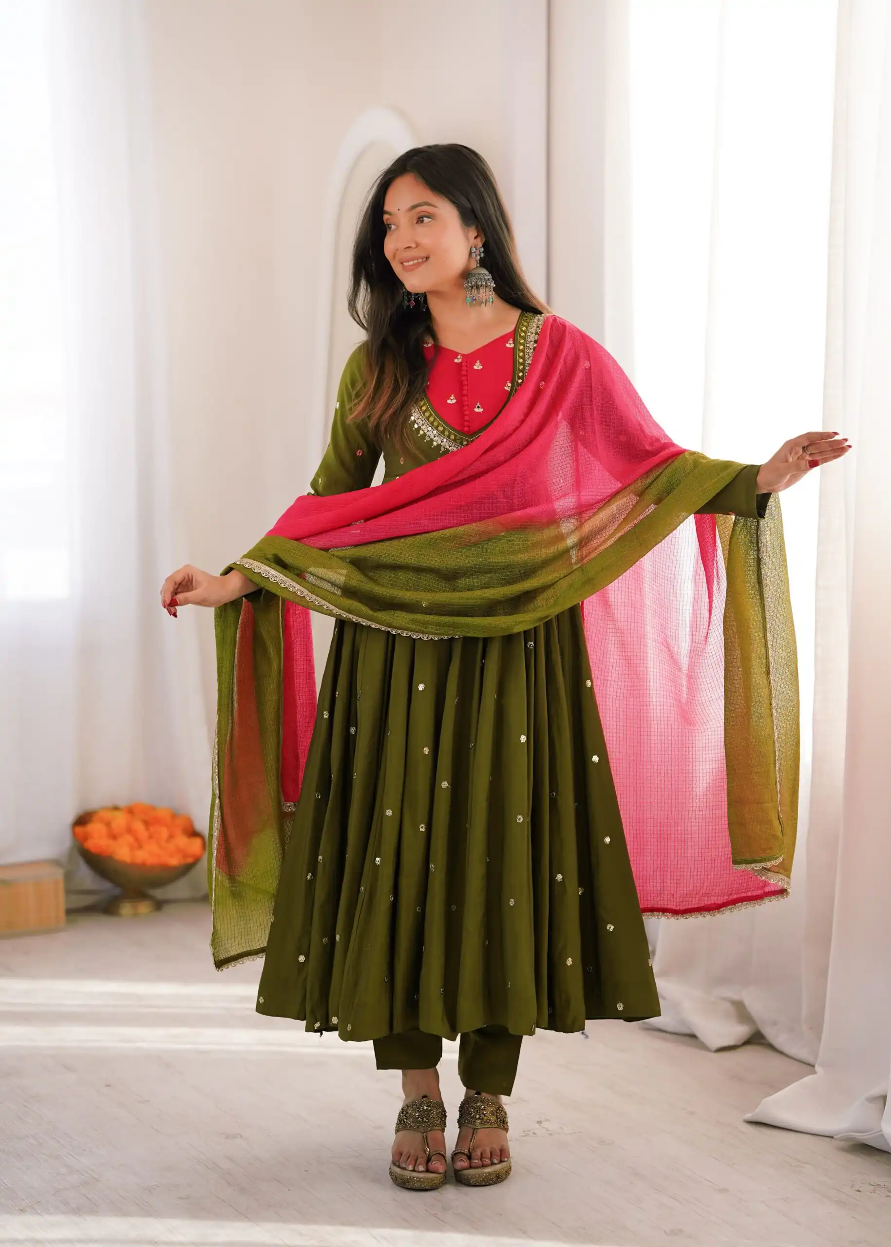 Lovely Mehandi Roman Silk Mirror Embroidery Work Gown - Image 4
