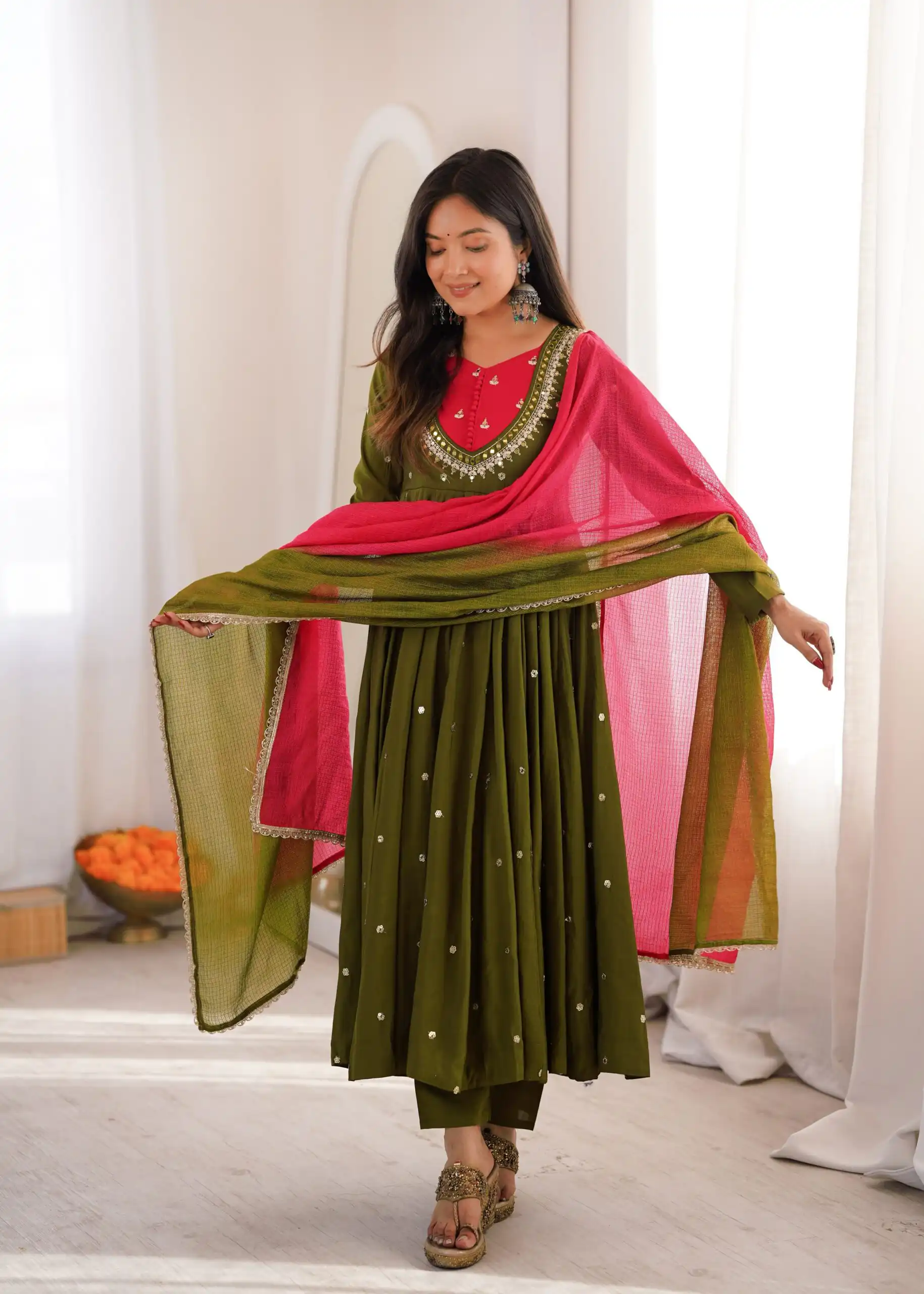 Lovely Mehandi Roman Silk Mirror Embroidery Work Gown - Image 3