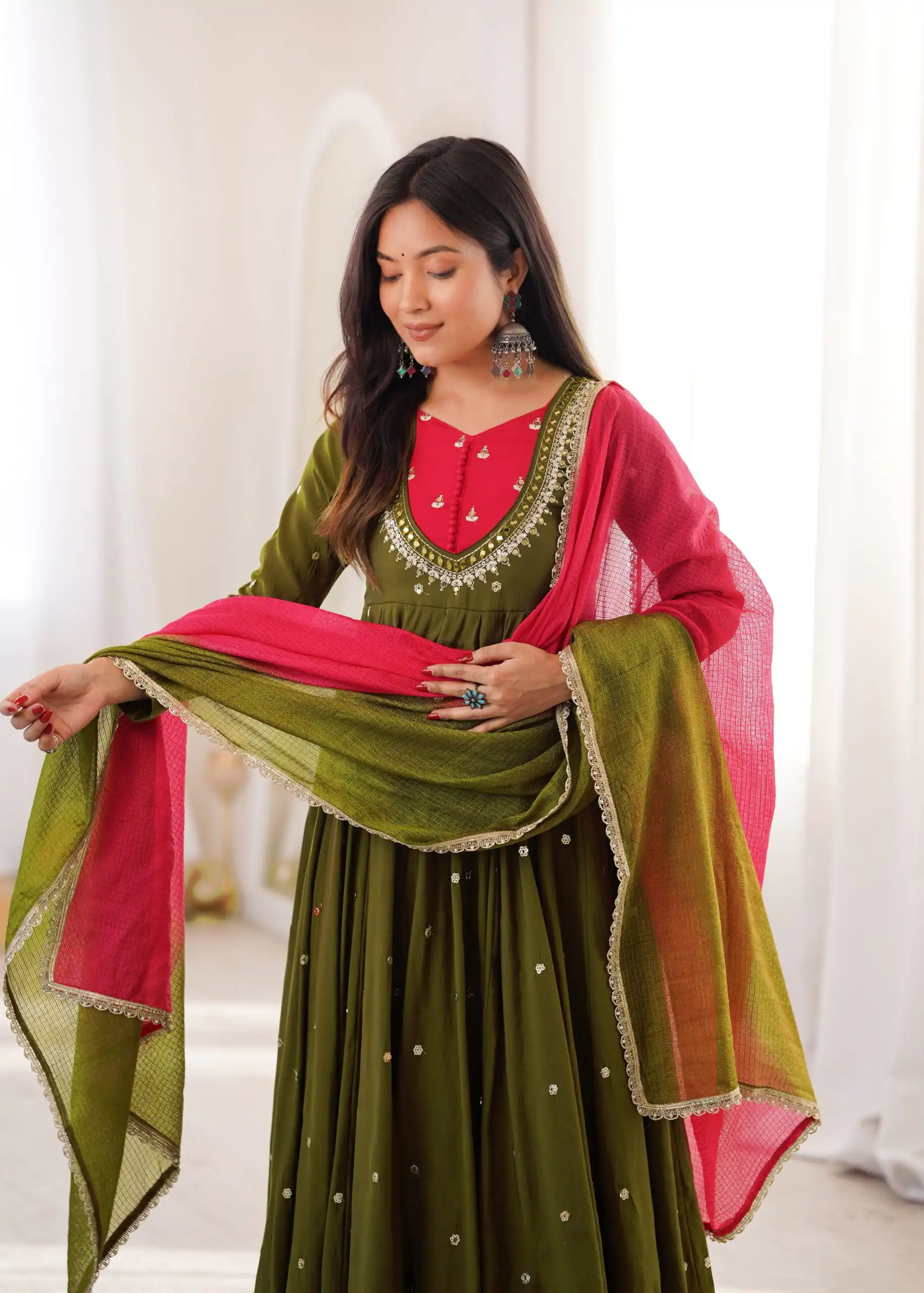 Lovely Mehandi Roman Silk Mirror Embroidery Work Gown - Image 11