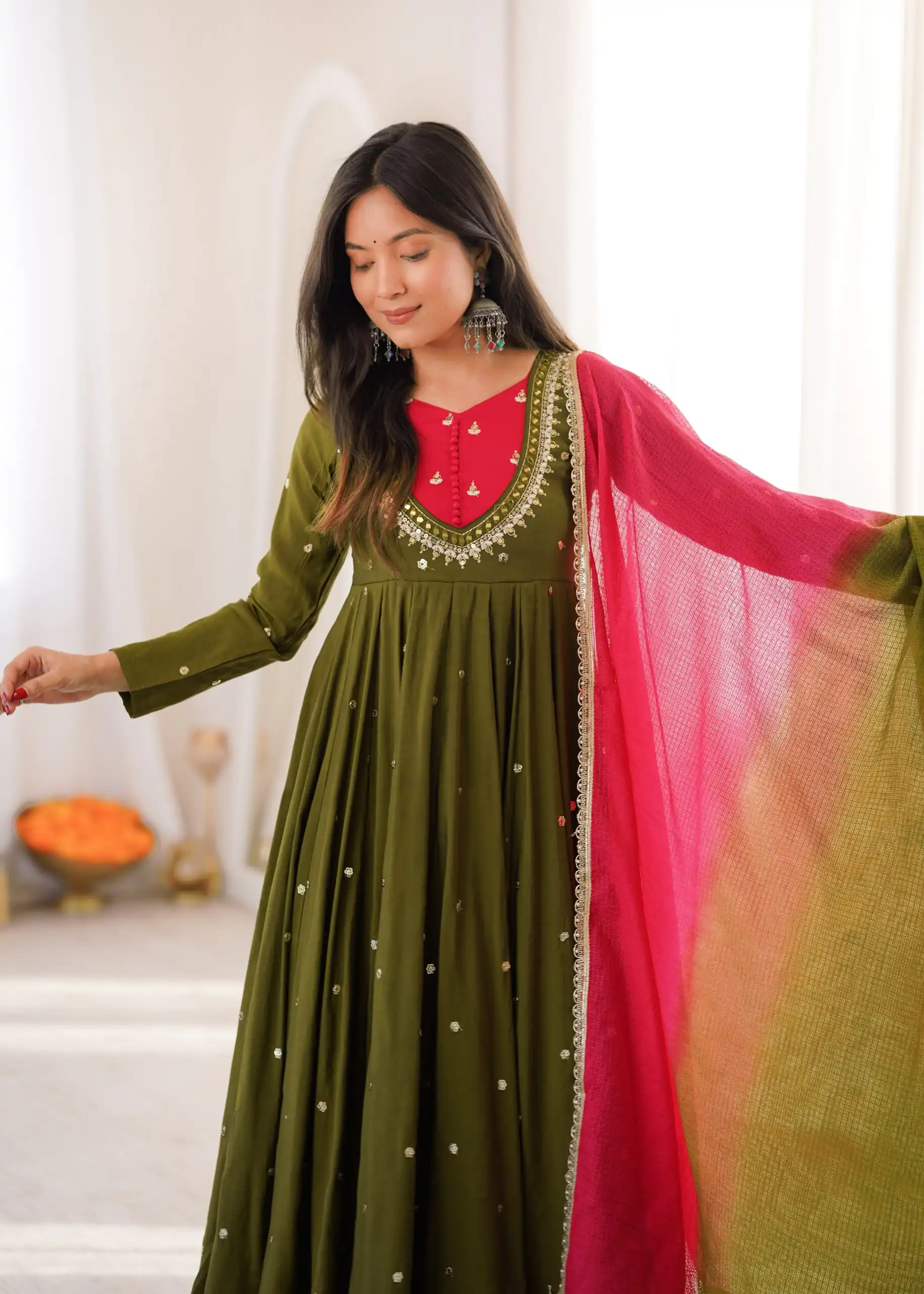 Lovely Mehandi Roman Silk Mirror Embroidery Work Gown - Image 13