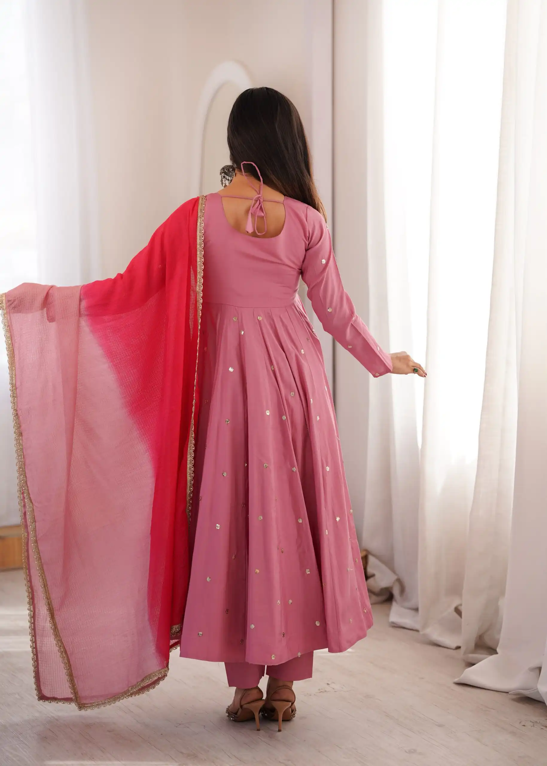 Lovely Pink Roman Silk Mirror Embroidery Work Gown - Image 5