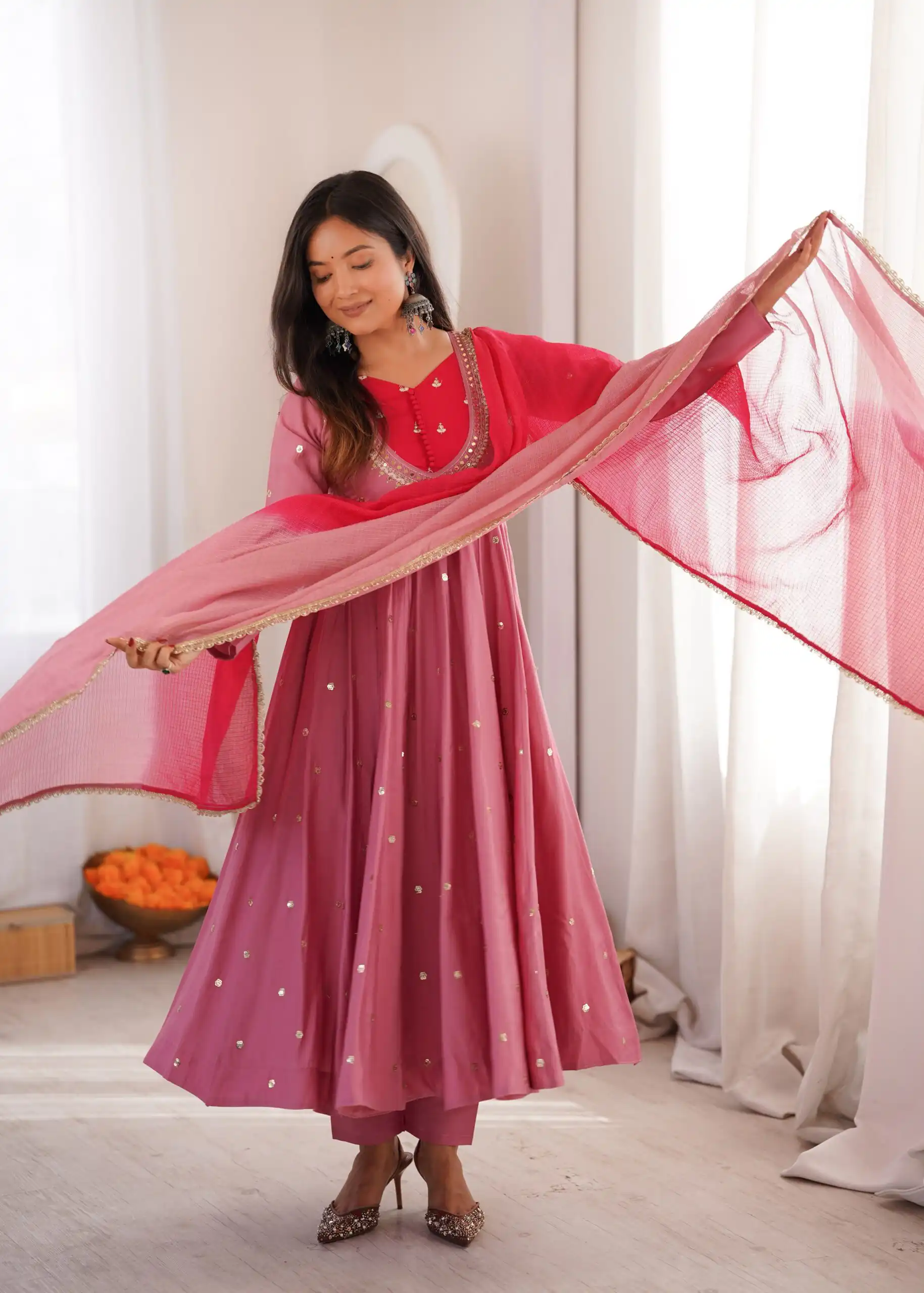 Lovely Pink Roman Silk Mirror Embroidery Work Gown - Image 6