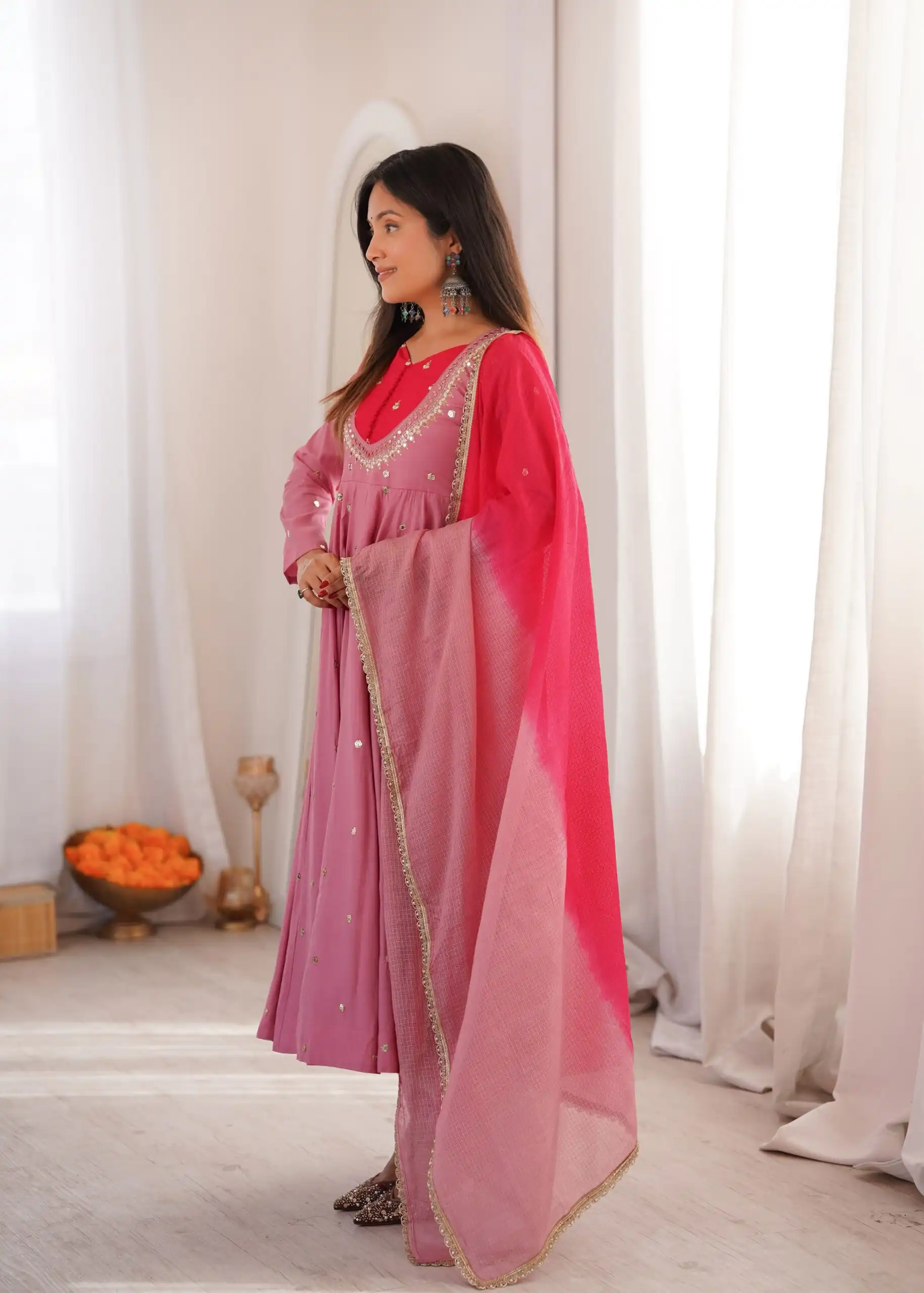 Lovely Pink Roman Silk Mirror Embroidery Work Gown - Image 3