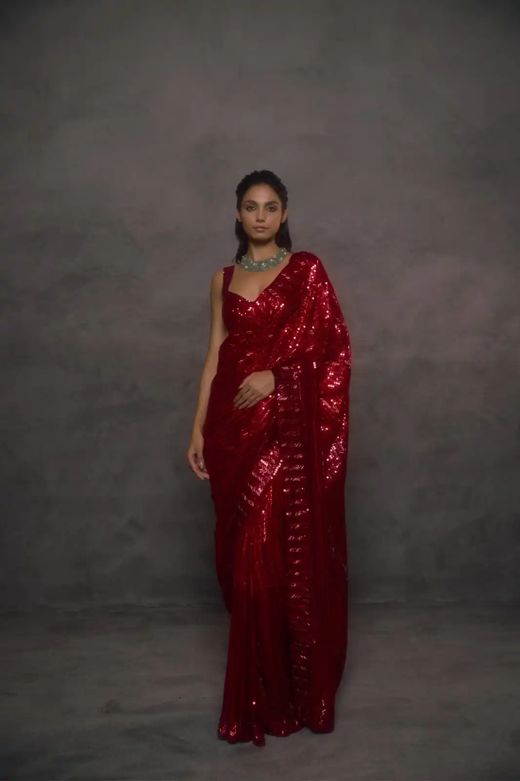 Magical Red Faux Georgette Embroidery Work Saree - Image 2
