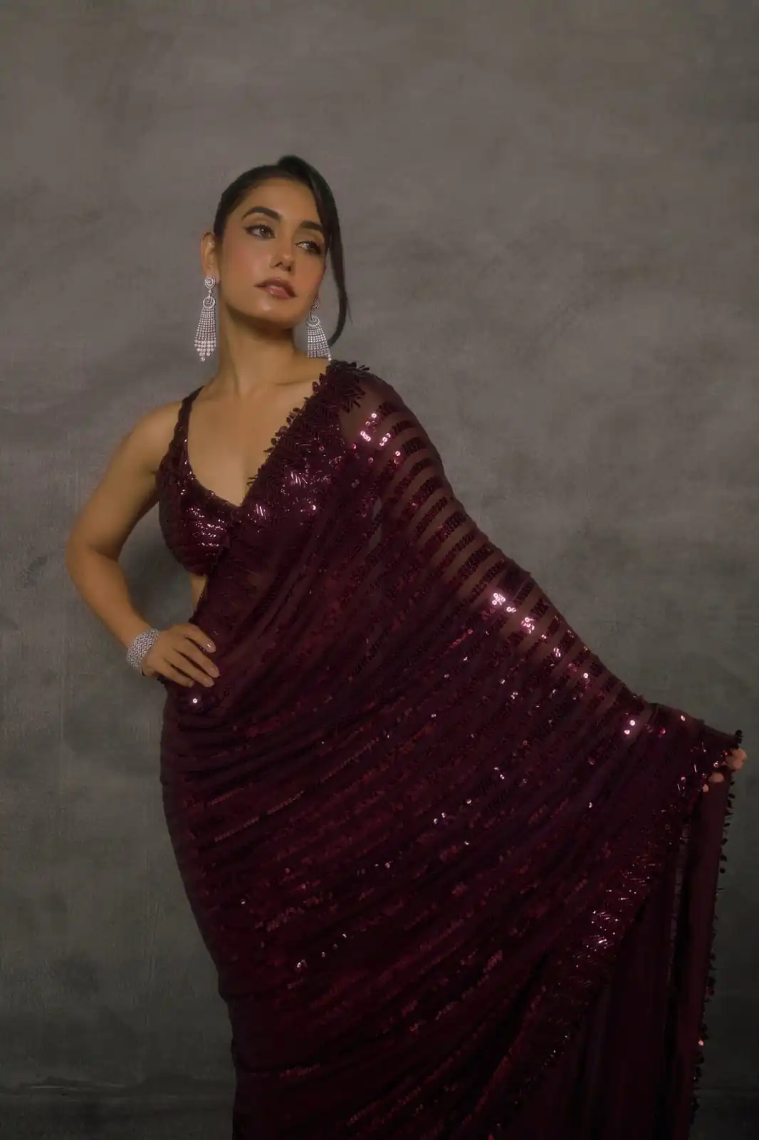 Magical Wine Faux Georgette Embroider Work Saree - Image 6