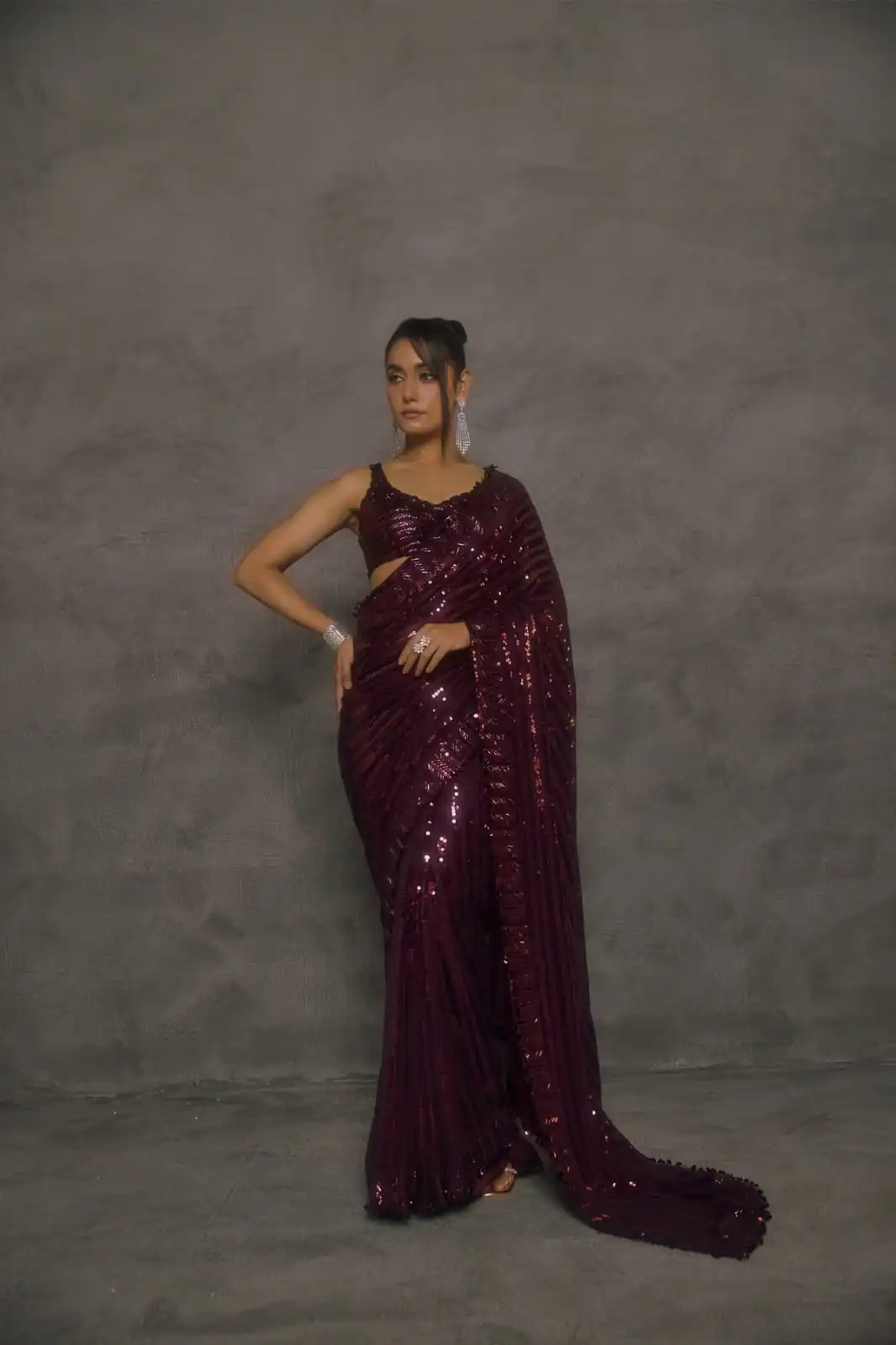 Magical Wine Faux Georgette Embroider Work Saree - Image 3
