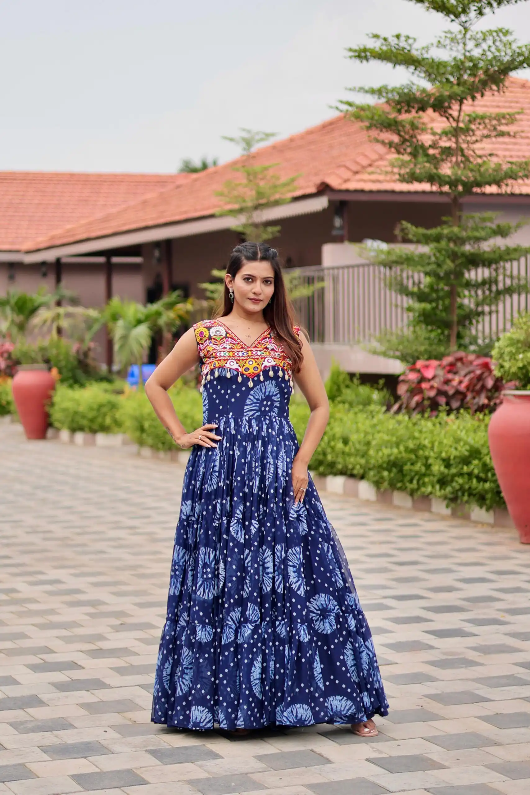 Majestic Blue Faux Georgette Mirror Work Gown - Image 4