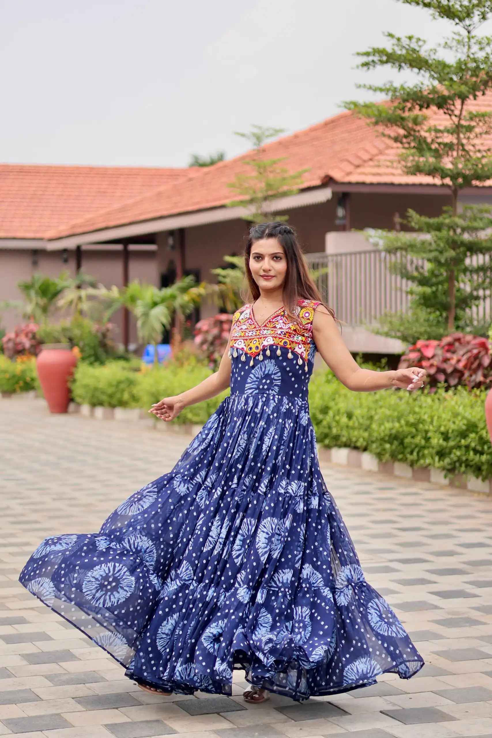 Majestic Blue Faux Georgette Mirror Work Gown - Image 3