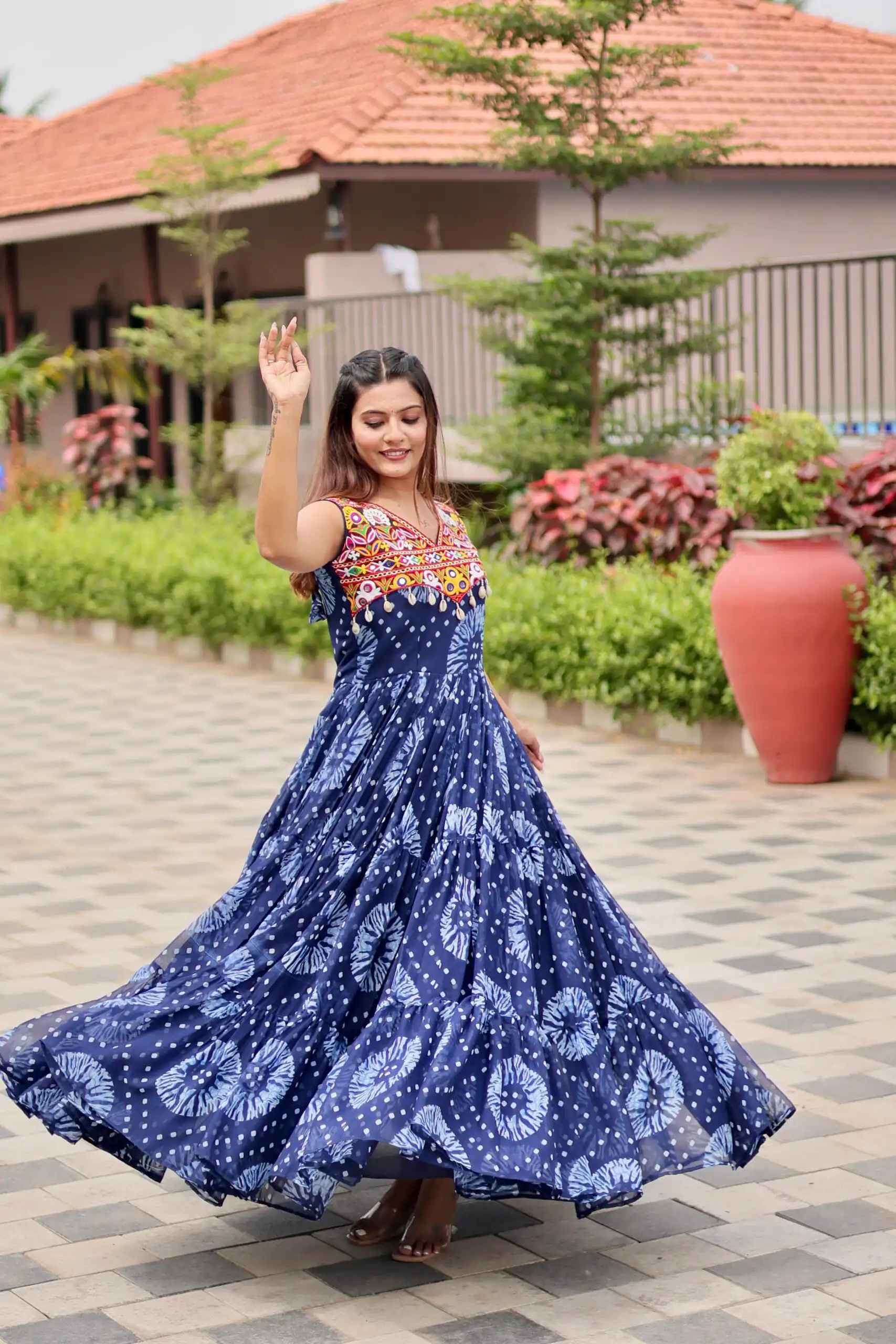 Majestic Blue Faux Georgette Mirror Work Gown