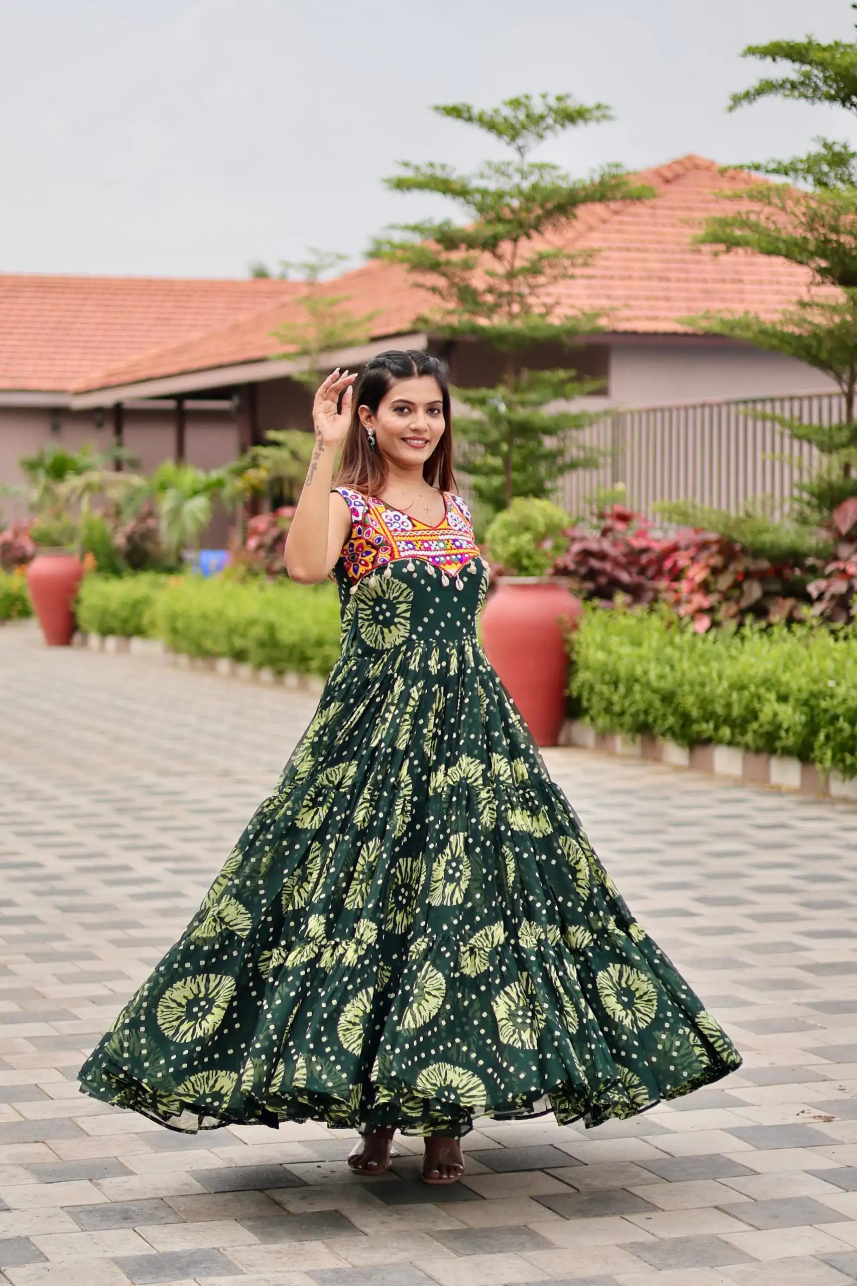 Majestic Green Faux Georgette Mirror Work Gown