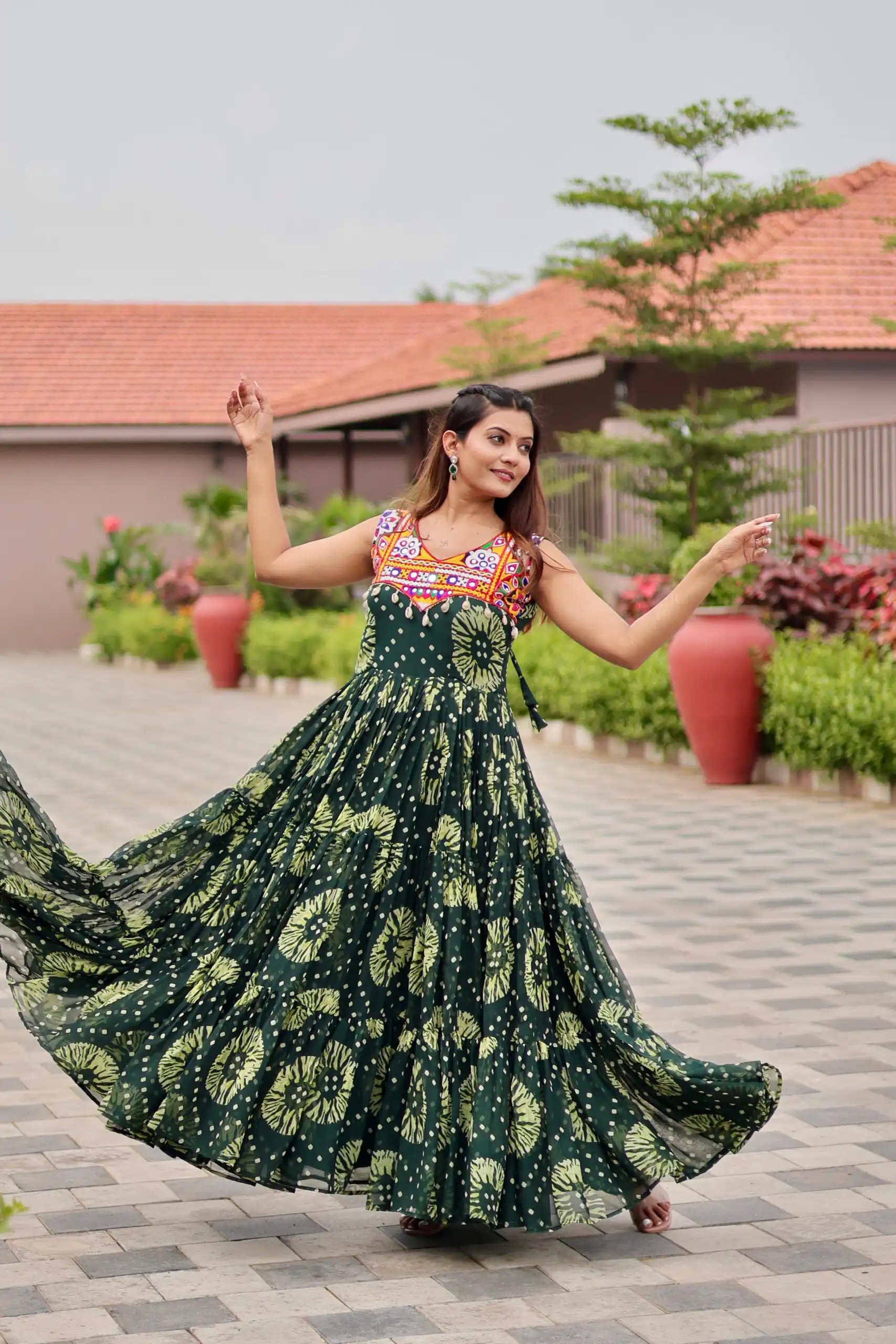 Majestic Green Faux Georgette Mirror Work Gown - Image 6