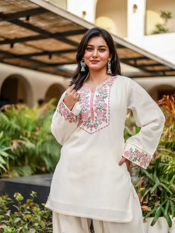 Nice Off White Khadi Cotton Embroidery Work Salwar Suit - Image 4