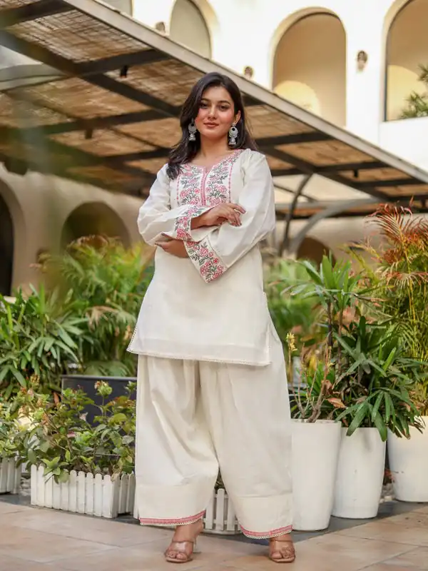 Nice Off White Khadi Cotton Embroidery Work Salwar Suit - Image 6