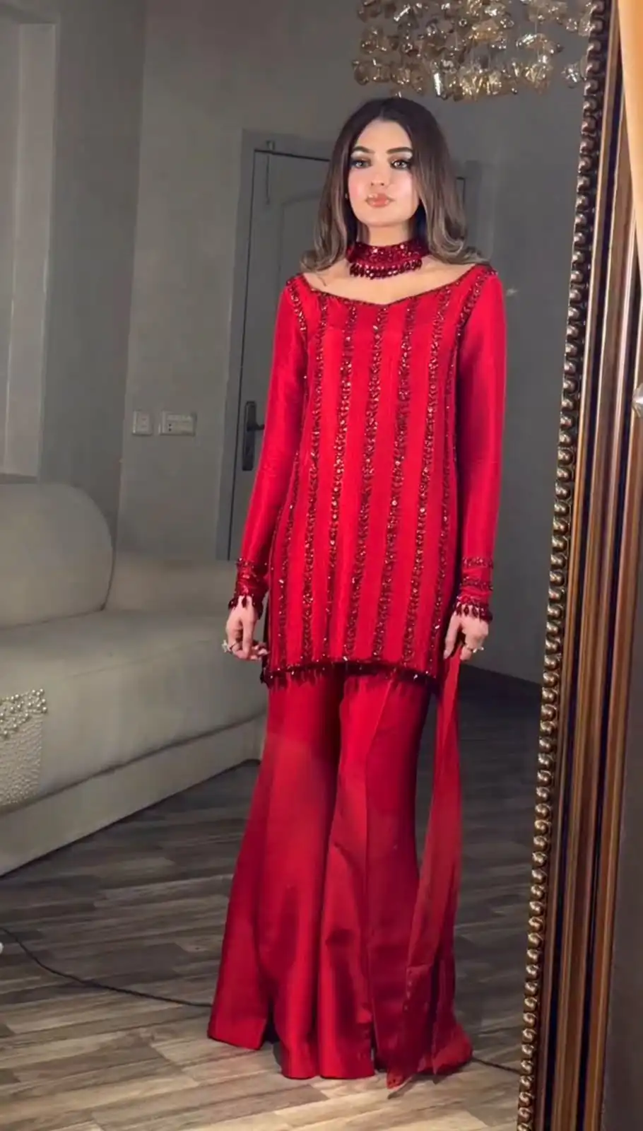 Nice Red Rangoli Silk Bead Embroidery Work Salwar Suit - Image 4