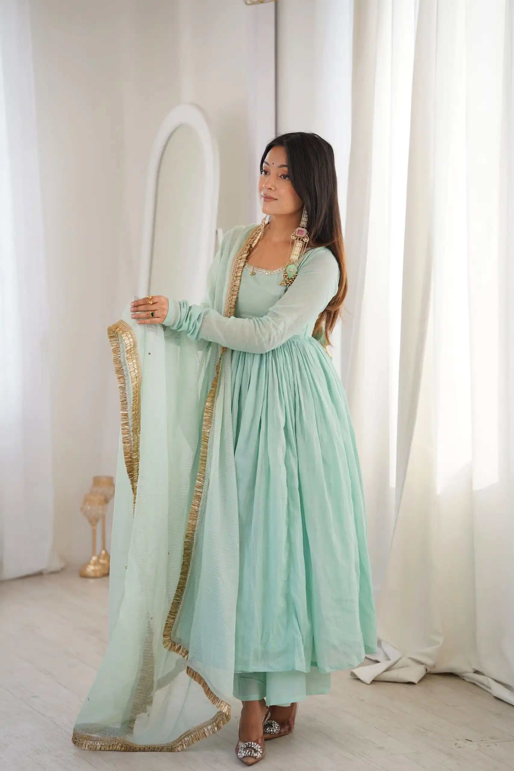 Nice Sea Green Heavy Faux Lace Border Work Gown - Image 3