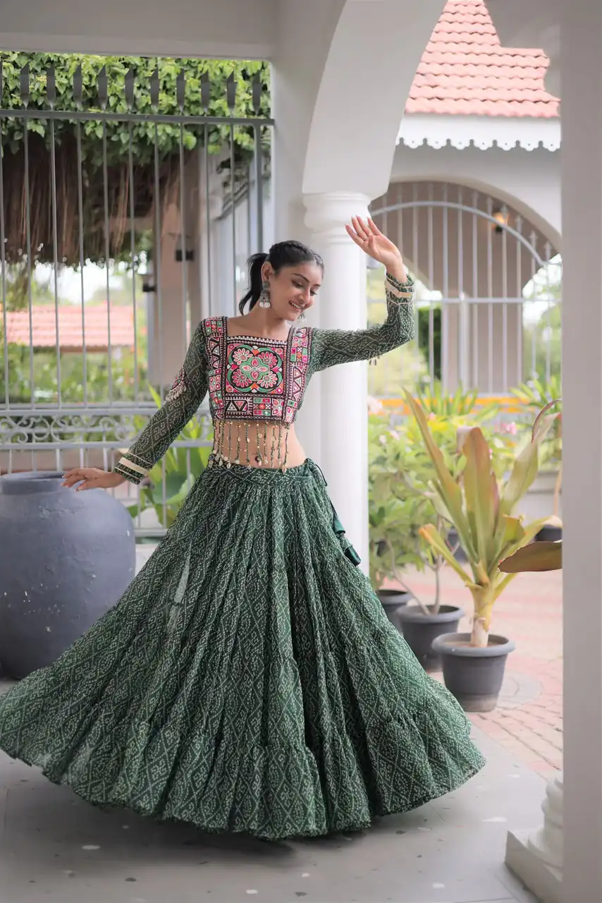 Perfect Green Faux Georgette Print Embroider Work Lehenga Choli