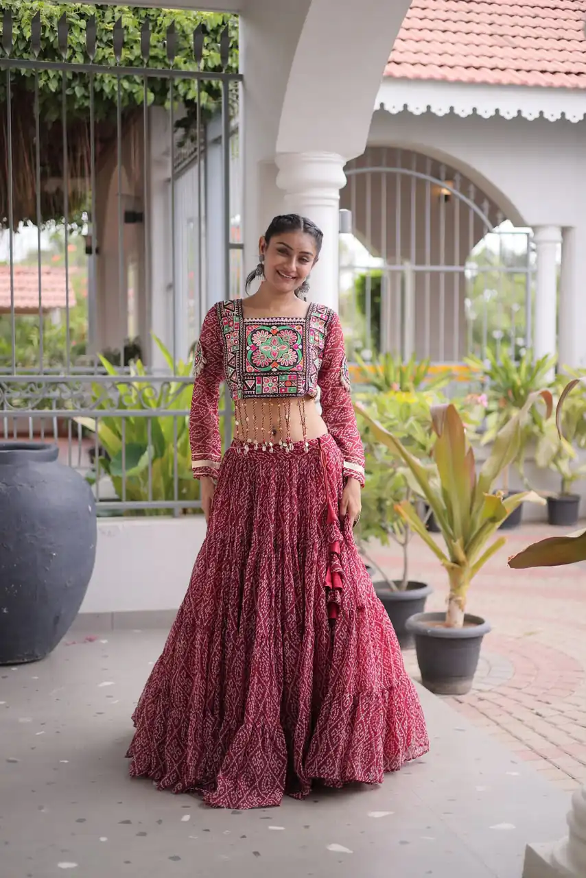 Perfect Maroon Faux Georgette Print Embroider Work Lehenga Choli