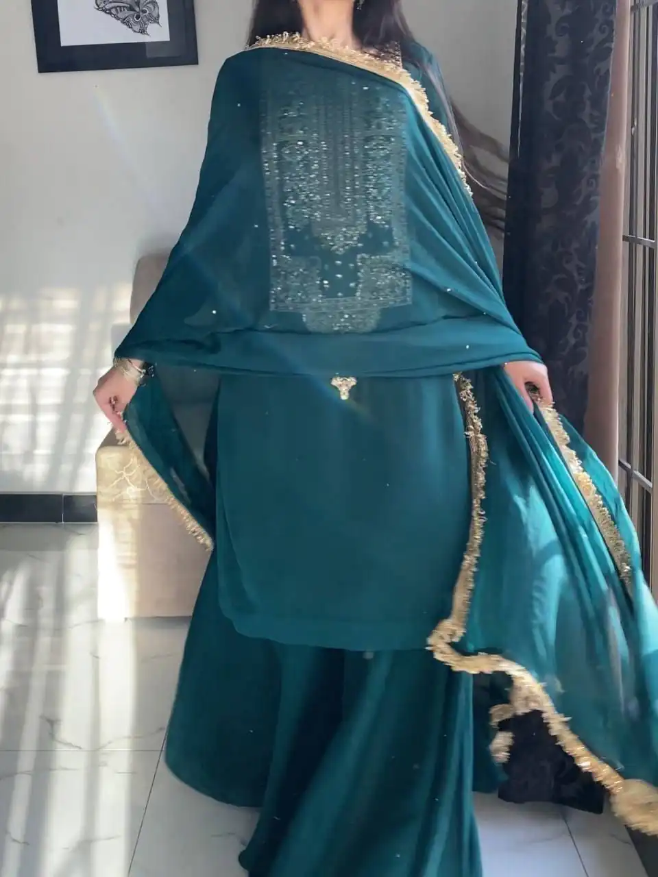 Perfect Teal Fox Georgette Embroidery Work Salwar Suit - Image 7