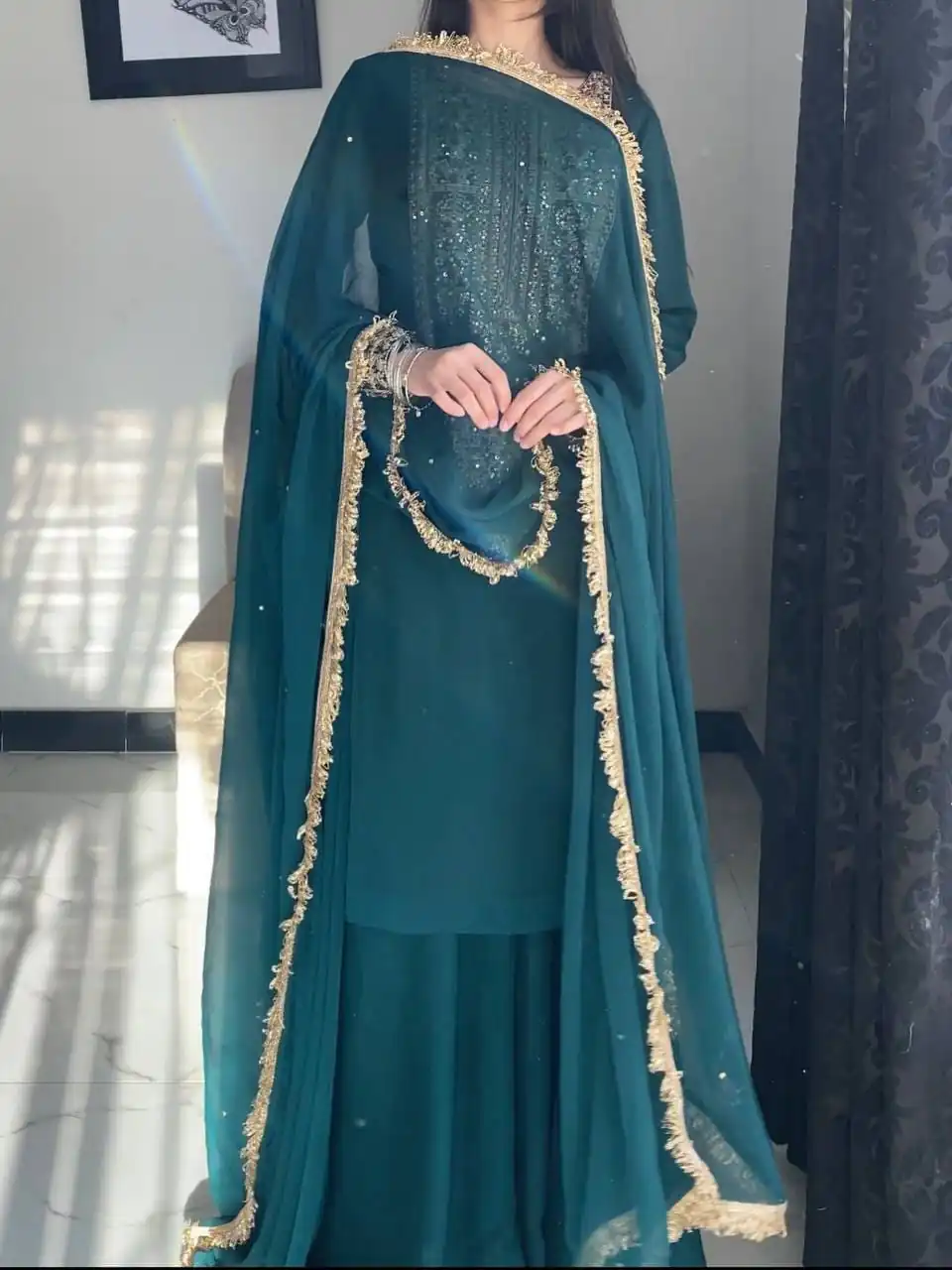 Perfect Teal Fox Georgette Embroidery Work Salwar Suit - Image 4