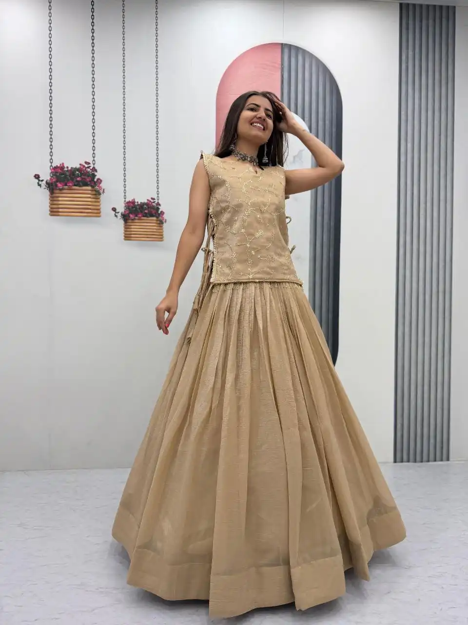 Pretty Cream Crunchy Silk With Sequins Work Lehenga Choli - Image 5