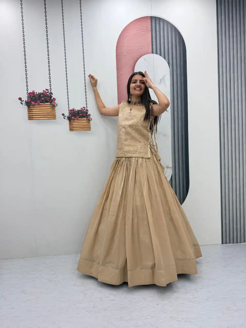 Pretty Cream Crunchy Silk With Sequins Work Lehenga Choli - Image 4