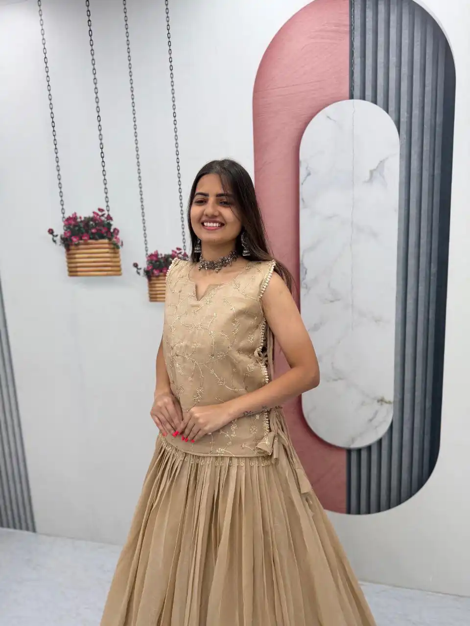 Pretty Cream Crunchy Silk With Sequins Work Lehenga Choli - Image 3