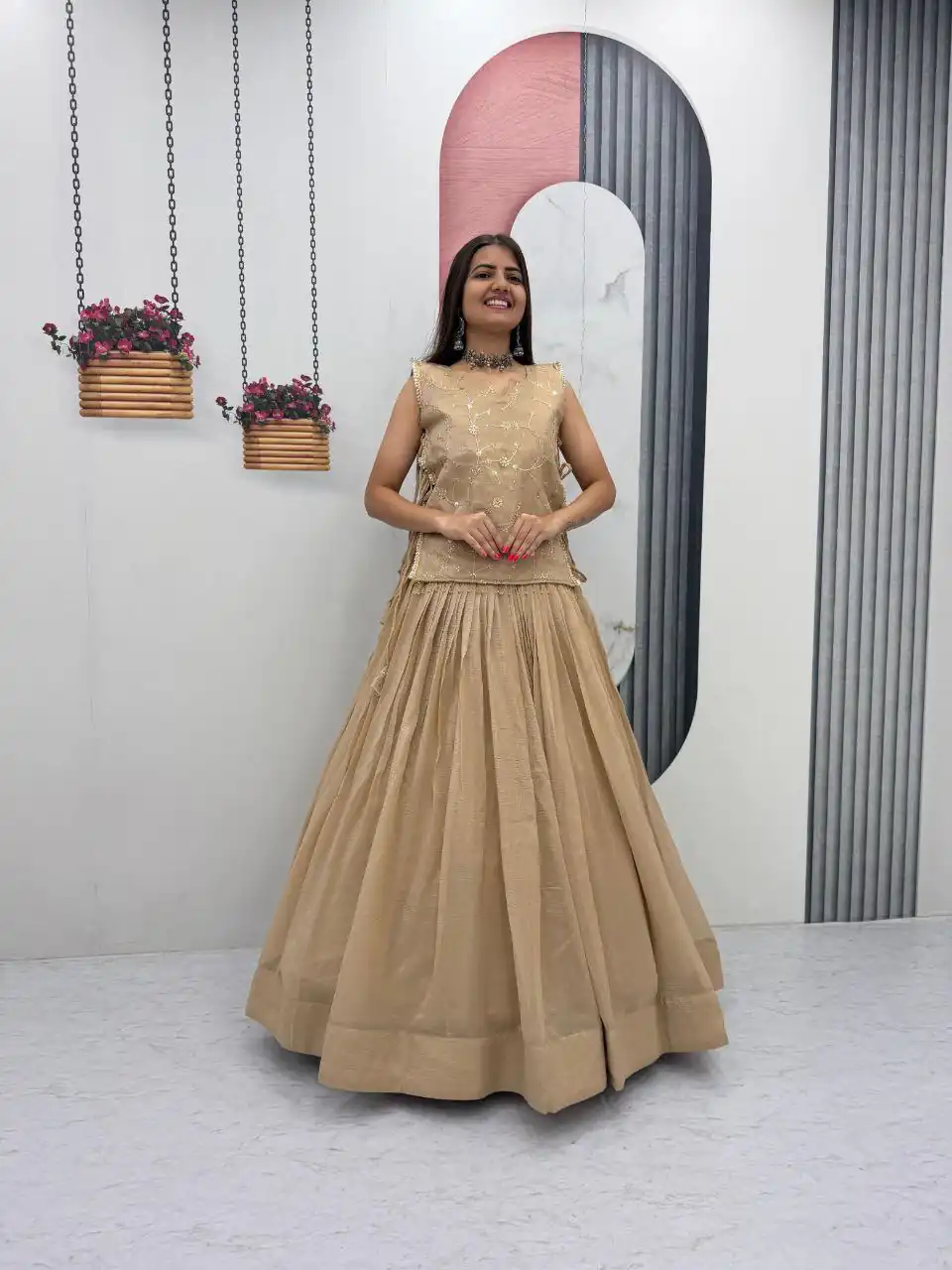 Pretty Cream Crunchy Silk With Sequins Work Lehenga Choli - Image 2