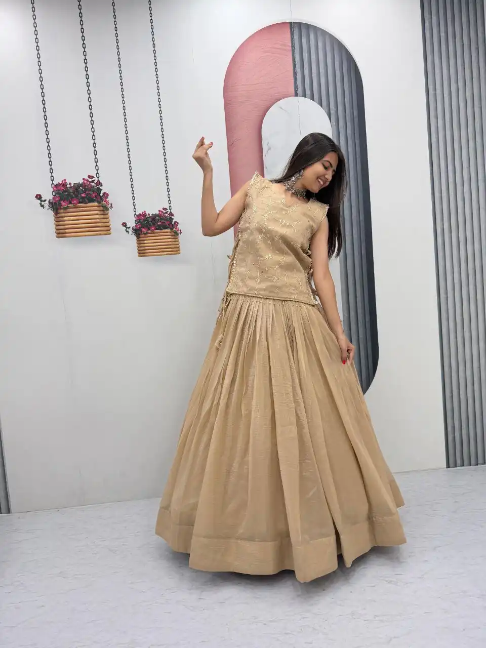 Pretty Cream Crunchy Silk With Sequins Work Lehenga Choli