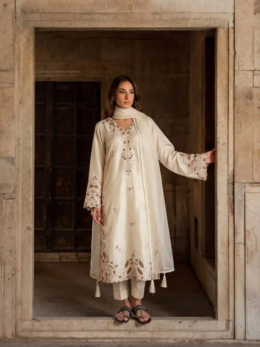 Pretty Cream Roman Glass Embroidery Work Salwar Suit - Image 3