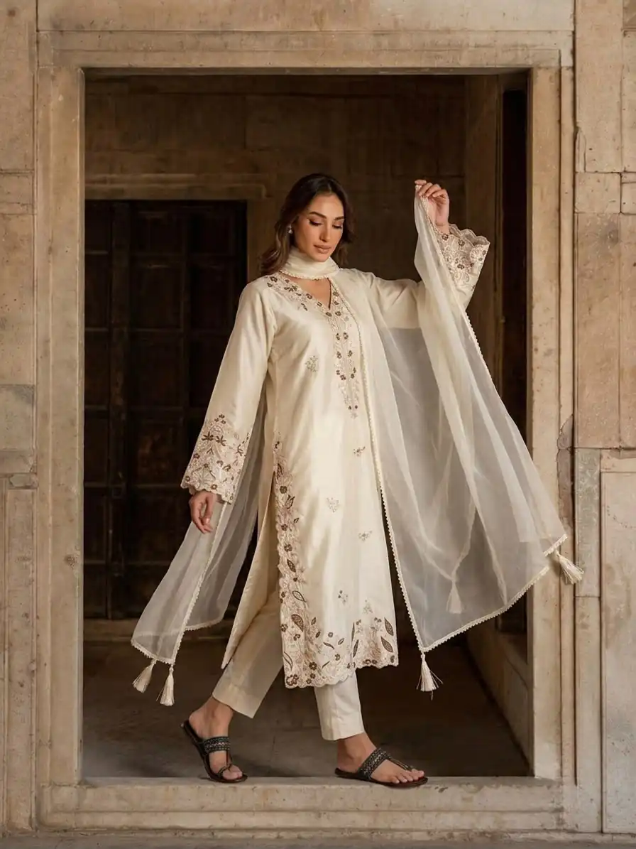 Pretty Cream Roman Glass Embroidery Work Salwar Suit