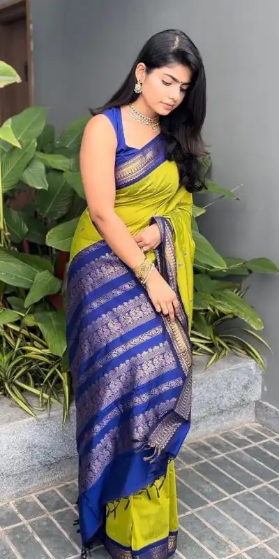 Alternative view of Pretty Lime Yellow Lichi Silk Jacquard Border Work Saree